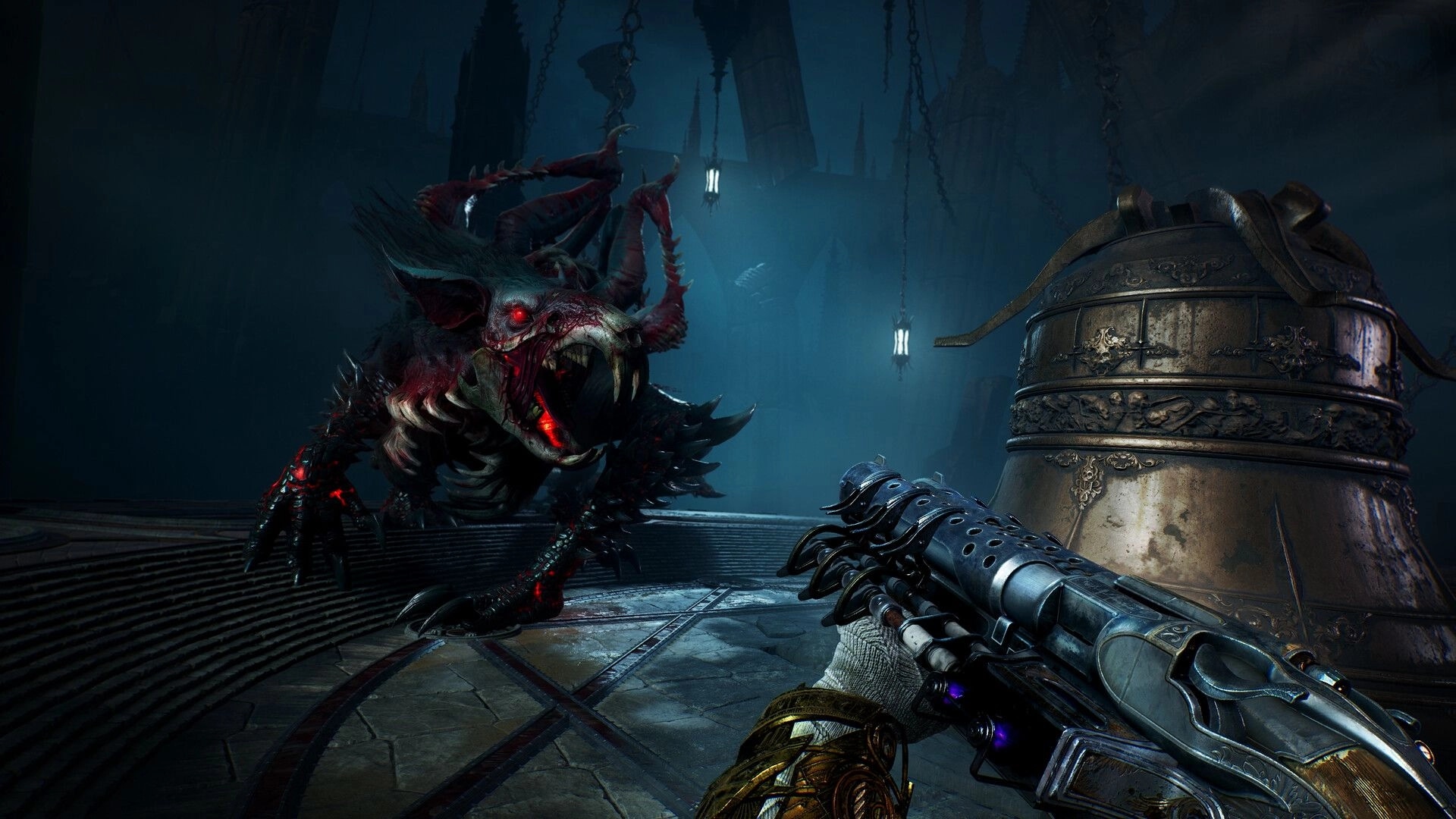 Painkiller: Player aims weapon at monstrous demon in dark, gothic cathedral setting