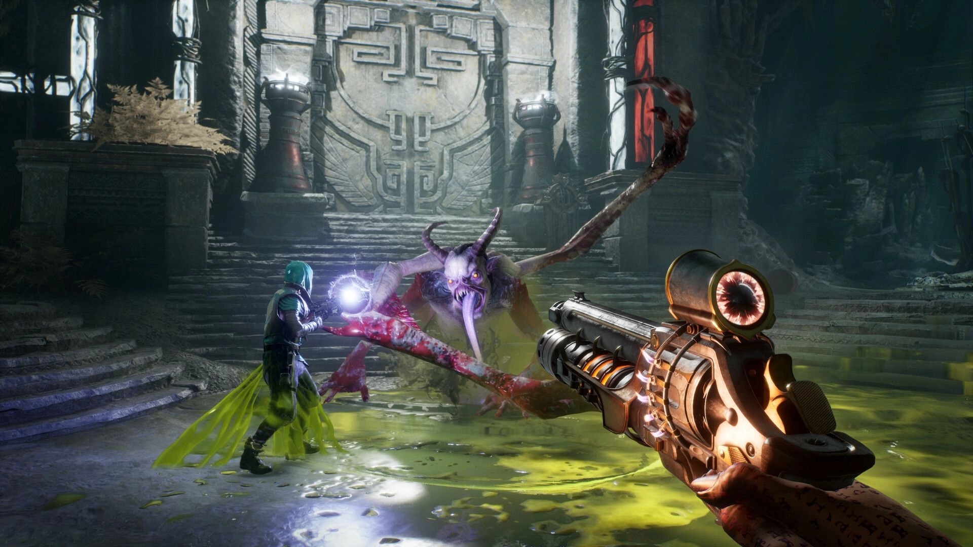 Painkiller: Player battles a horned demon in a dark temple with a glowing weapon and mystical energy