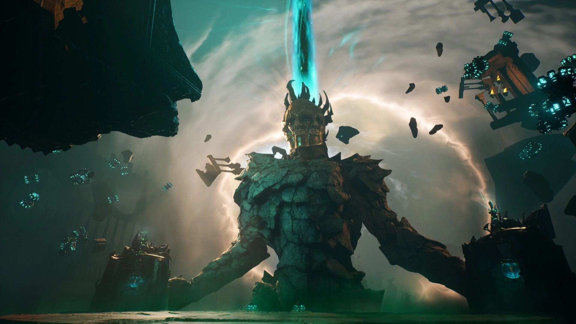 Painkiller: Massive stone giant emerges in swirling vortex with floating debris in dark, mysterious realm.