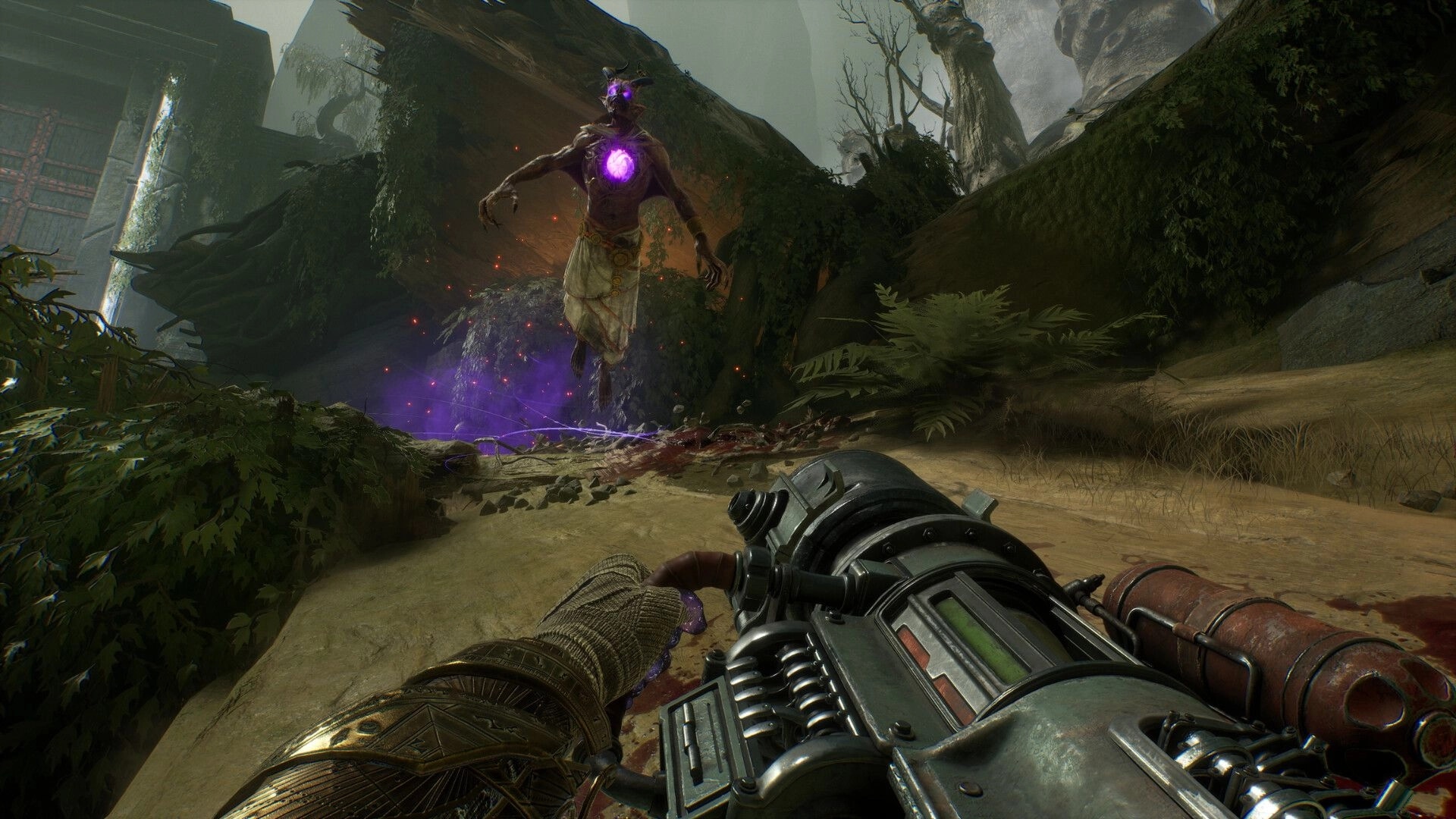 Painkiller: Player aims weapon at floating demon in forested canyon environment with glowing purple aura