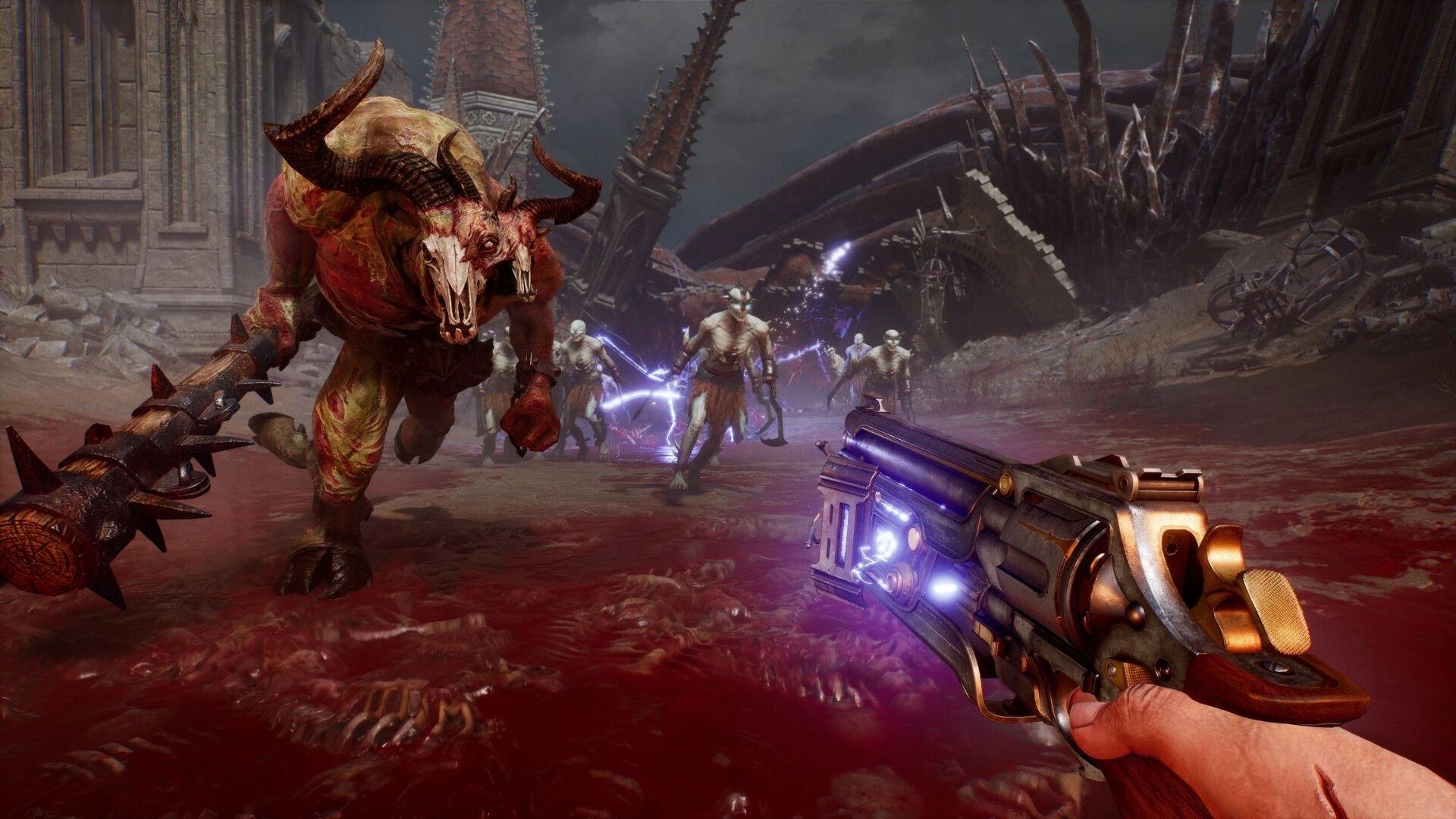 Painkiller: Player aiming gun at charging horned demon and zombies in blood-soaked battlefield