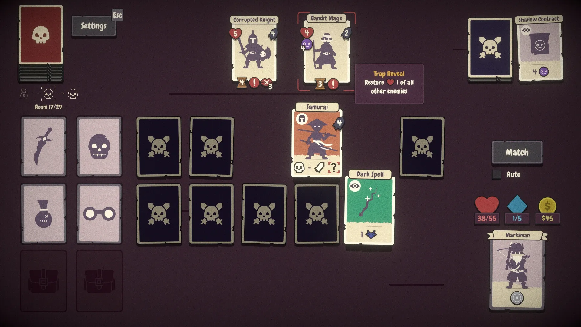 Pairs & Perils: Card matching interface with enemy cards, player stats, and various deck options visible.