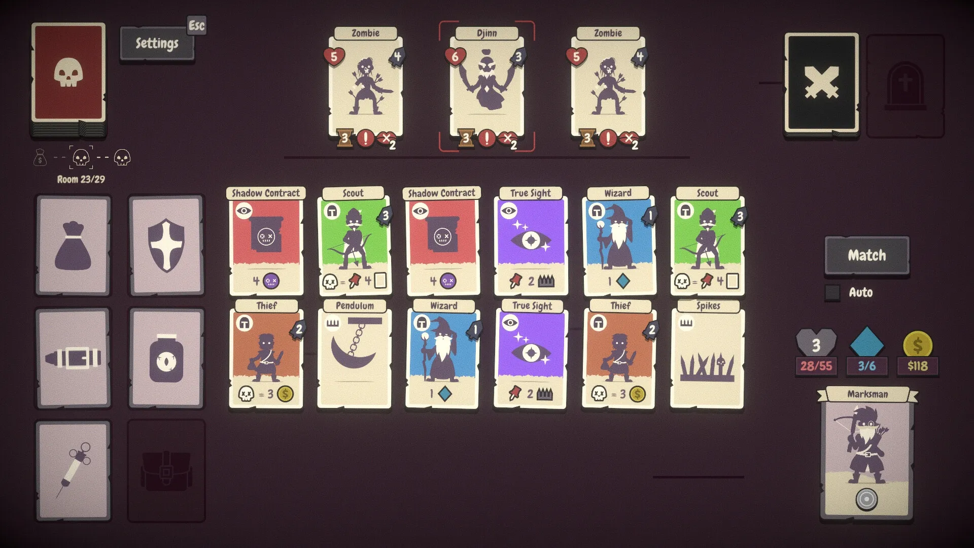Pairs & Perils: Card battle interface with Djinn and Zombie enemies in a dark dungeon environment.