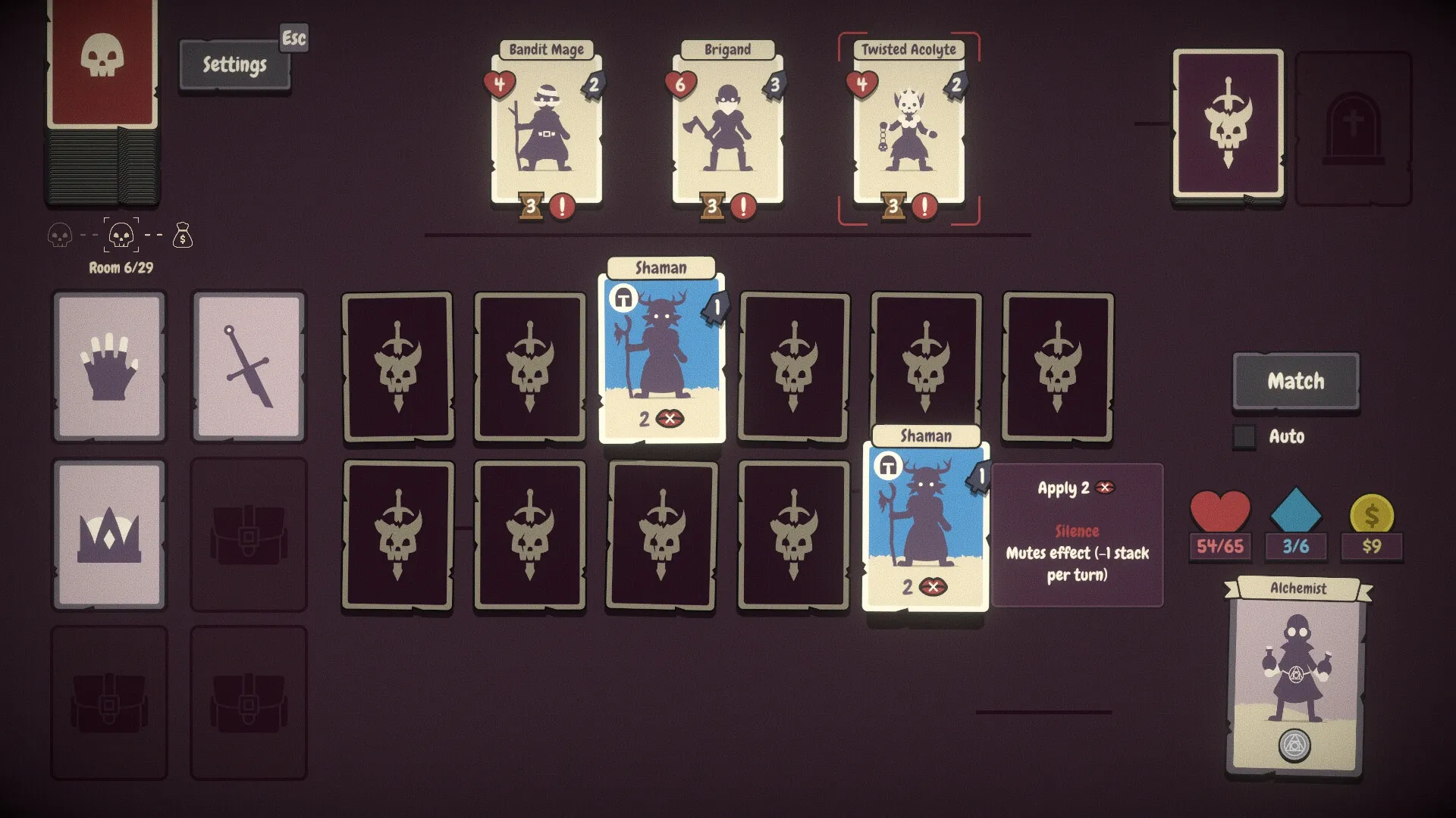 Pairs & Perils: Card matching gameplay with Shaman character in dark dungeon room setting