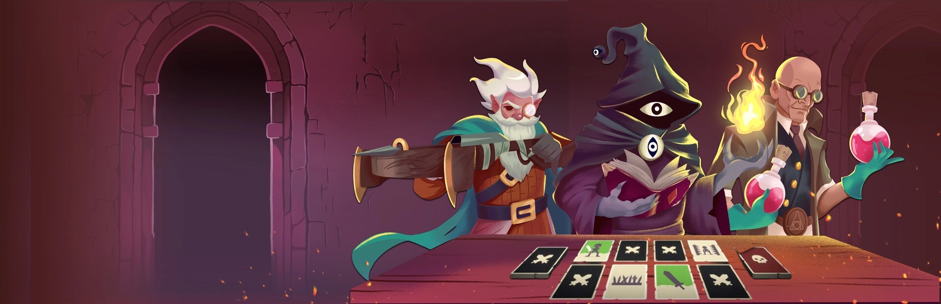 Pairs & Perils: Three characters strategize over cards in a dimly lit dungeon setting