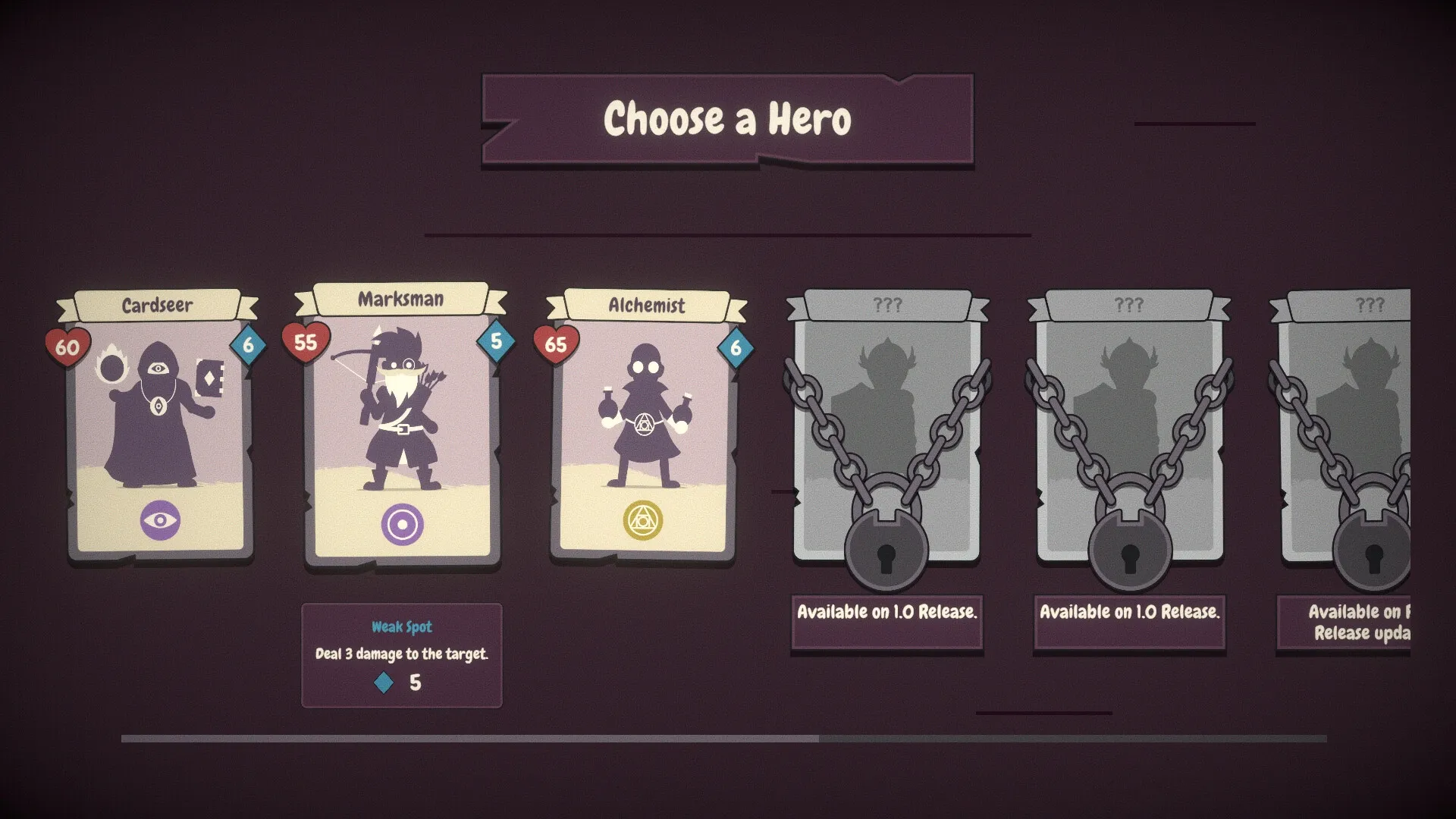 Pairs & Perils: Hero selection screen displaying Cardseer, Marksman, and Alchemist character cards