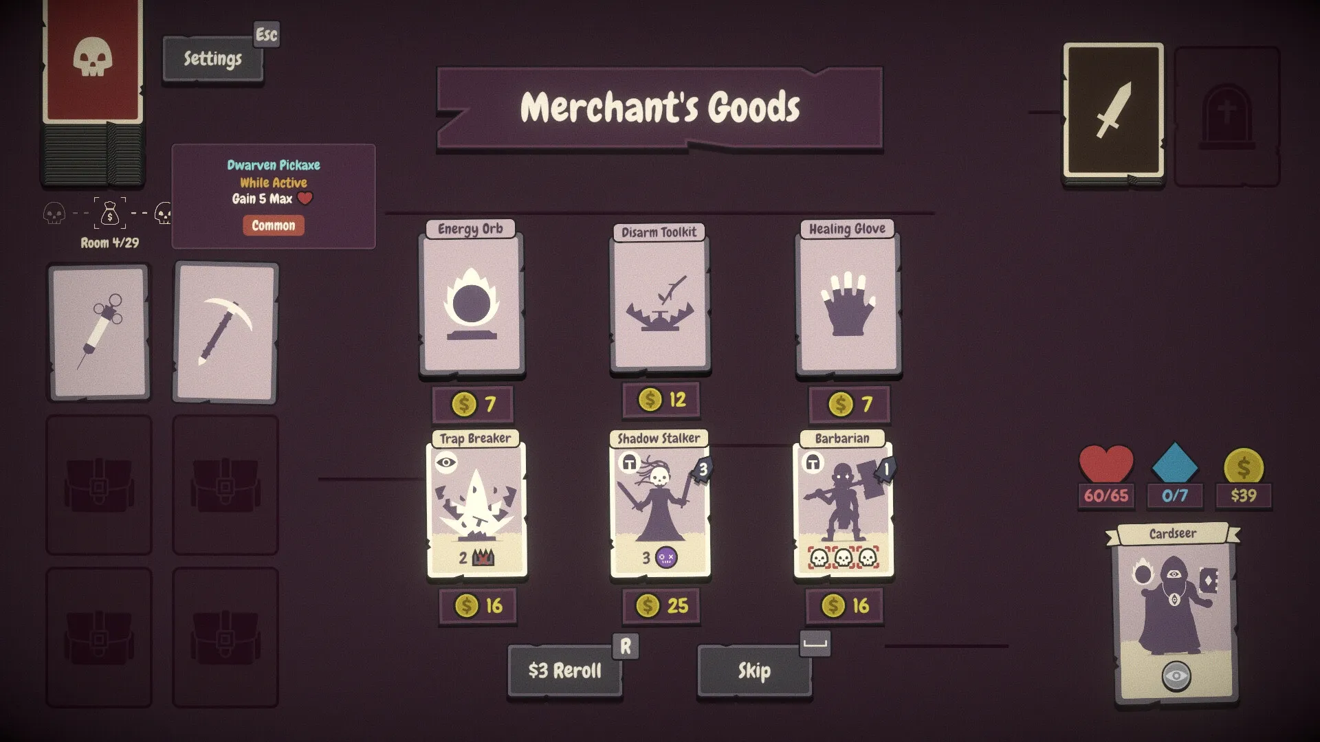 Pairs & Perils: Merchant's Goods menu displaying cards like Energy Orb, Shadow Stalker, and Barbarian