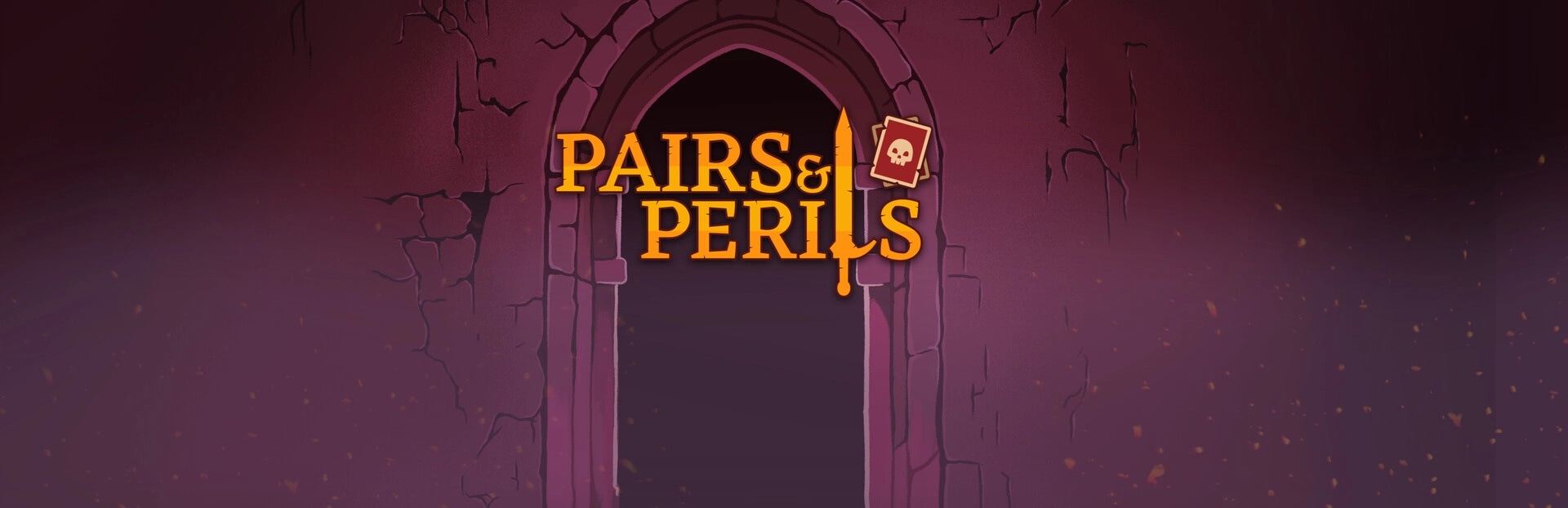 Pairs & Perils: Title screen showing a dungeon entrance with game logo and cards featuring a skull.