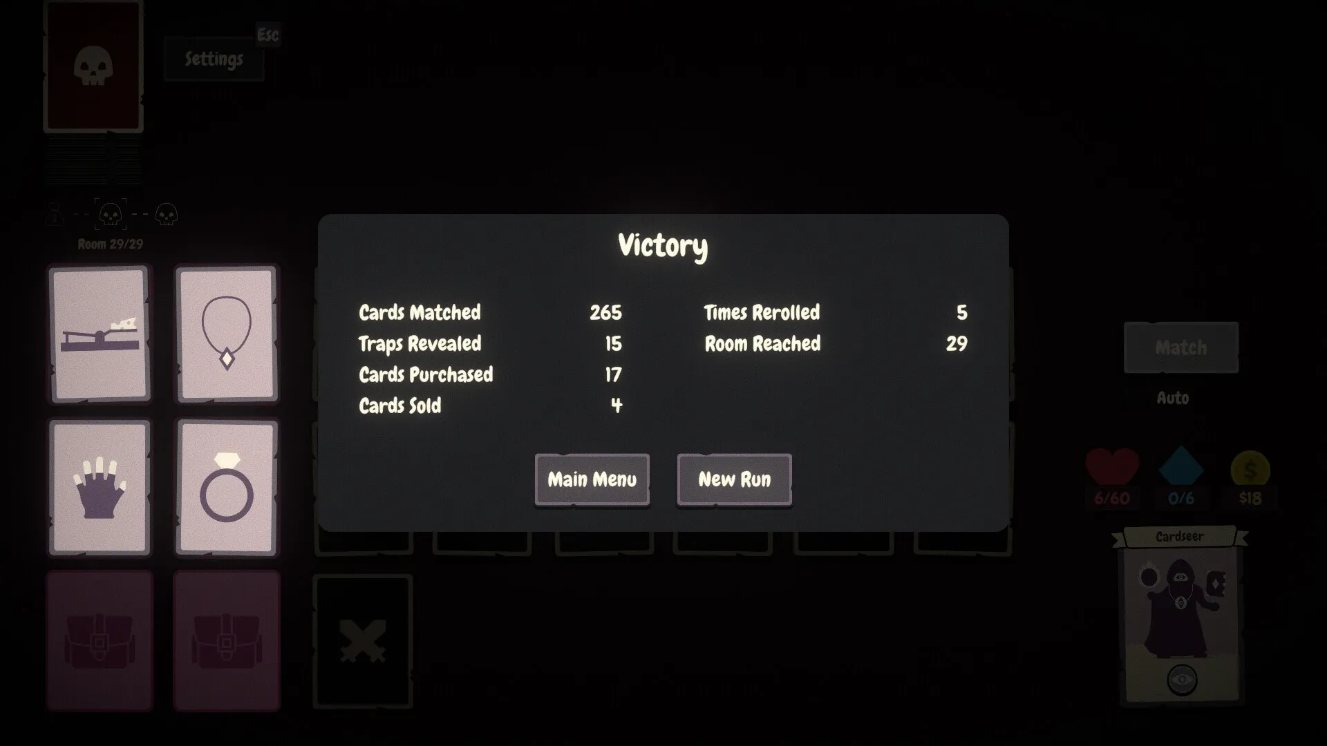 Pairs & Perils: Victory screen with stats, card inventory, and option to start a new run in dungeon.