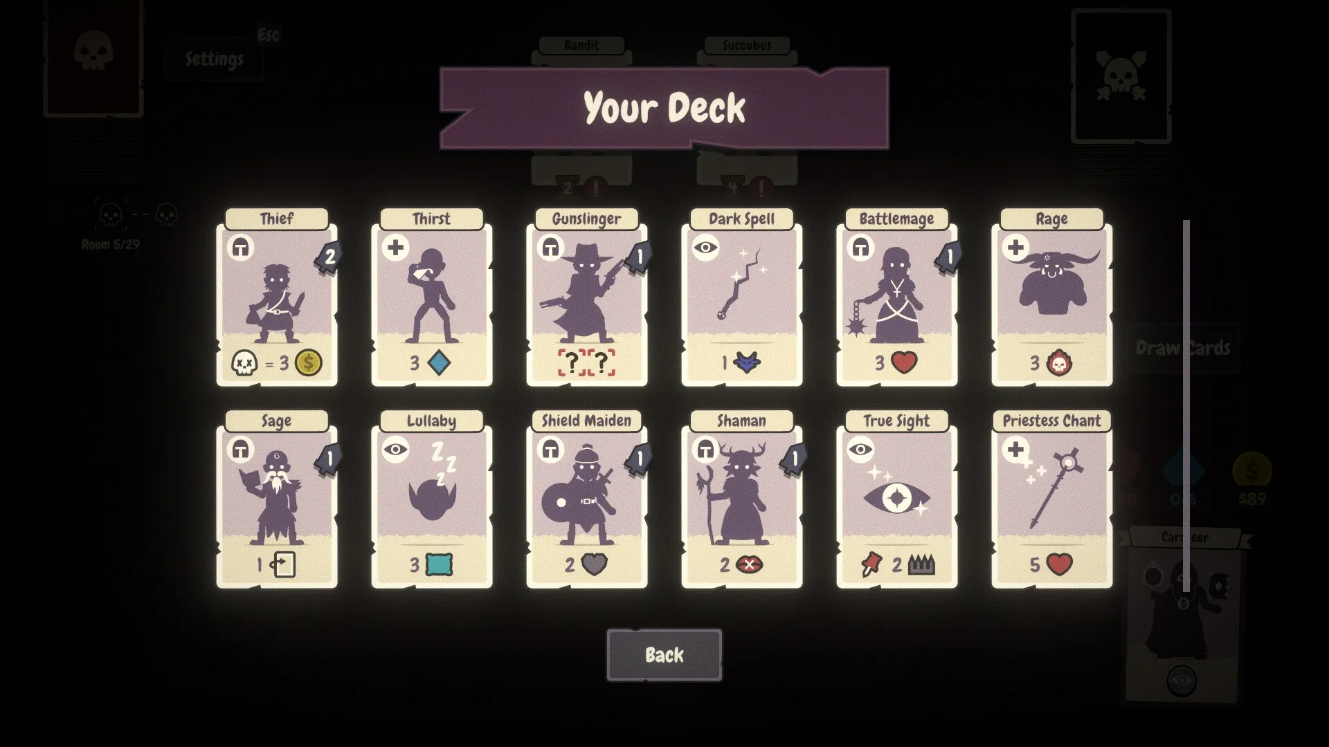 Pairs & Perils: Deck management screen showing various character cards with abilities in a dark dungeon.