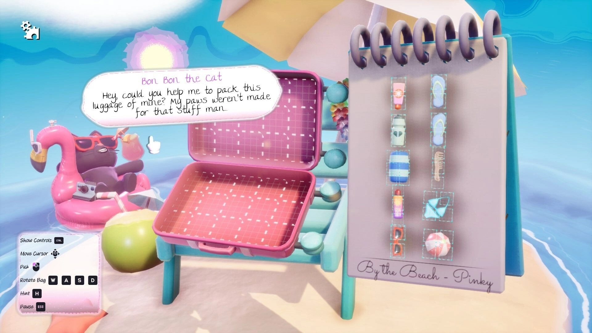 Pakinpaks: Bon Bon the Cat requests help packing a suitcase in a beach setting with visible item list.