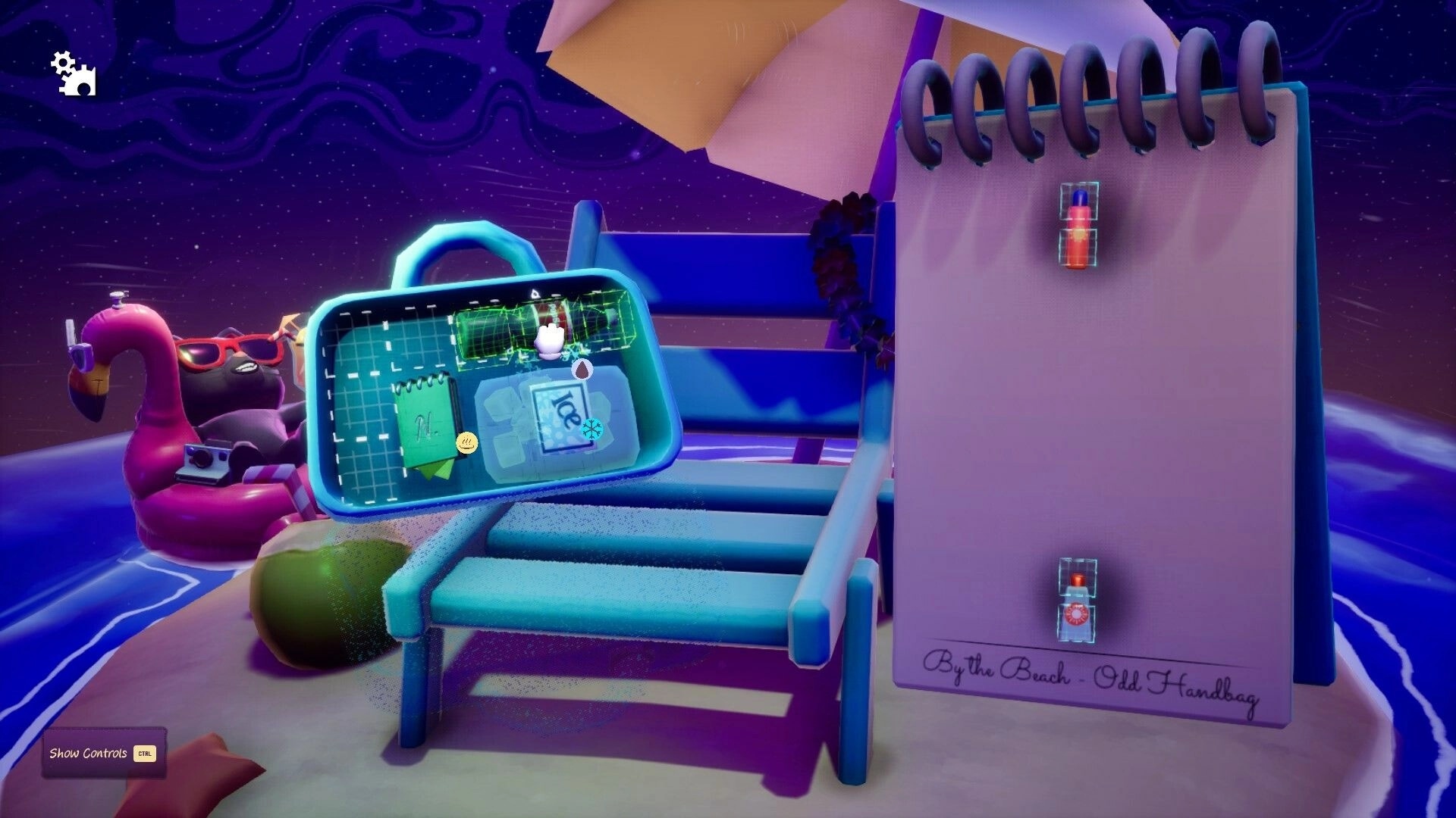 Pakinpaks: Beach setting with suitcase packing puzzle, notebook, and flamingo float showing controls.