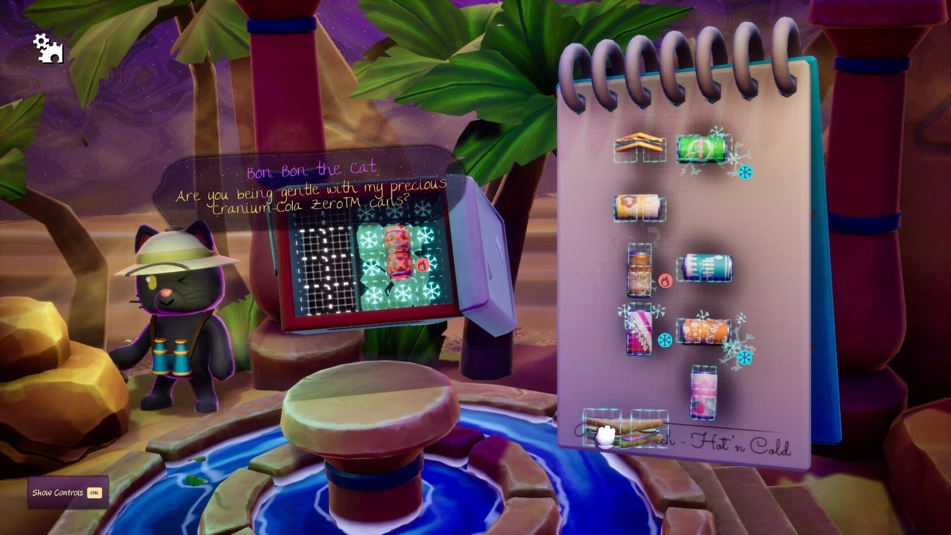 Pakinpaks: Bon Bon the cat checks inventory with Cranium-Cola cans by a desert oasis fountain