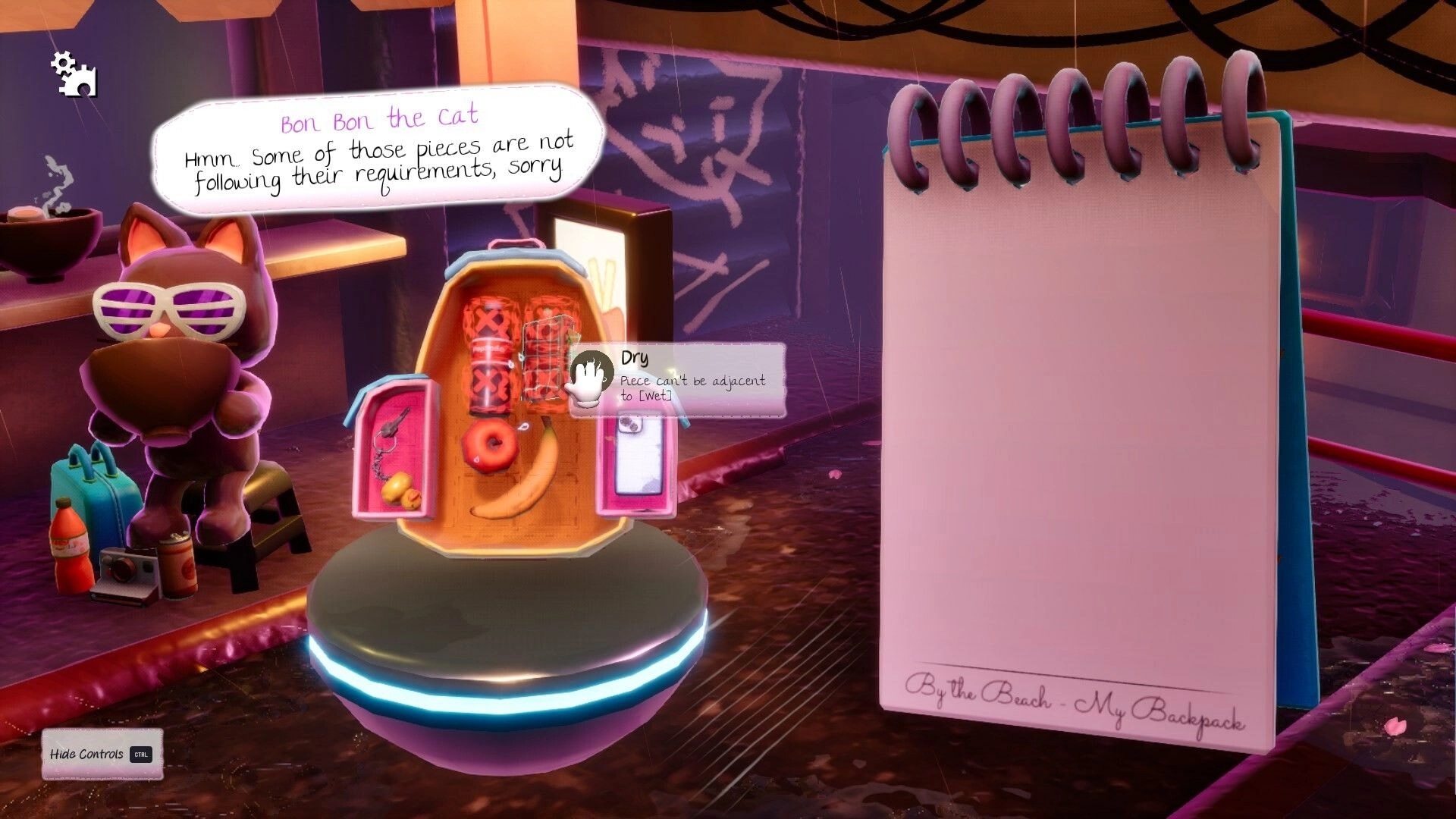 Pakinpaks: Bon Bon the Cat advises on packing items in a futuristic room with an open suitcase display.