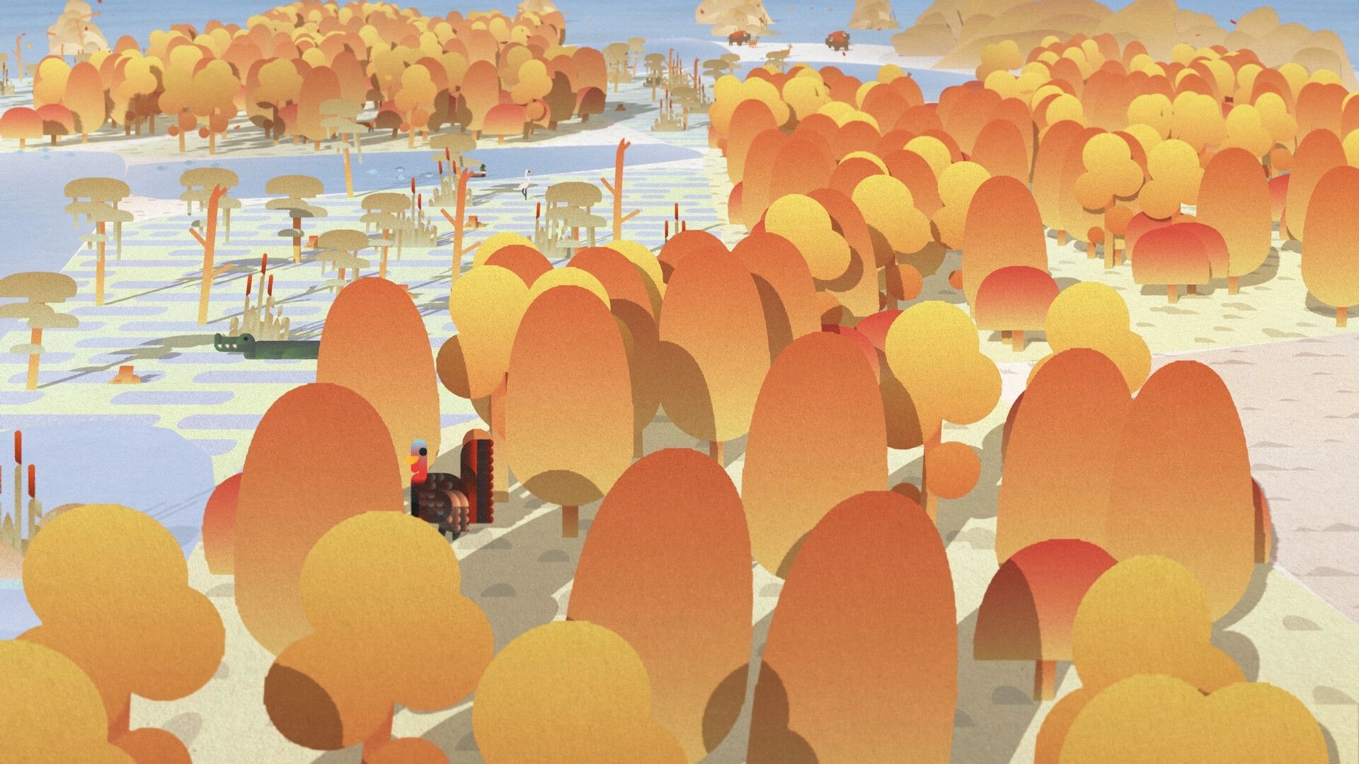 Palettopia: Paintbrush cursor over autumn forest and marshland islands with stylized trees and water.