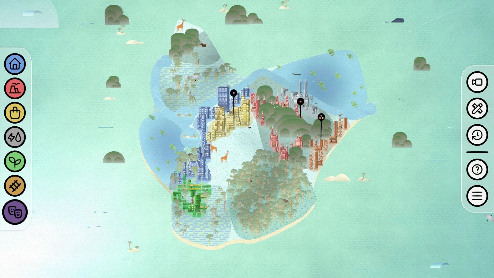 Palettopia: Island city overview with colorful districts and tool icons on the sides over teal ocean.