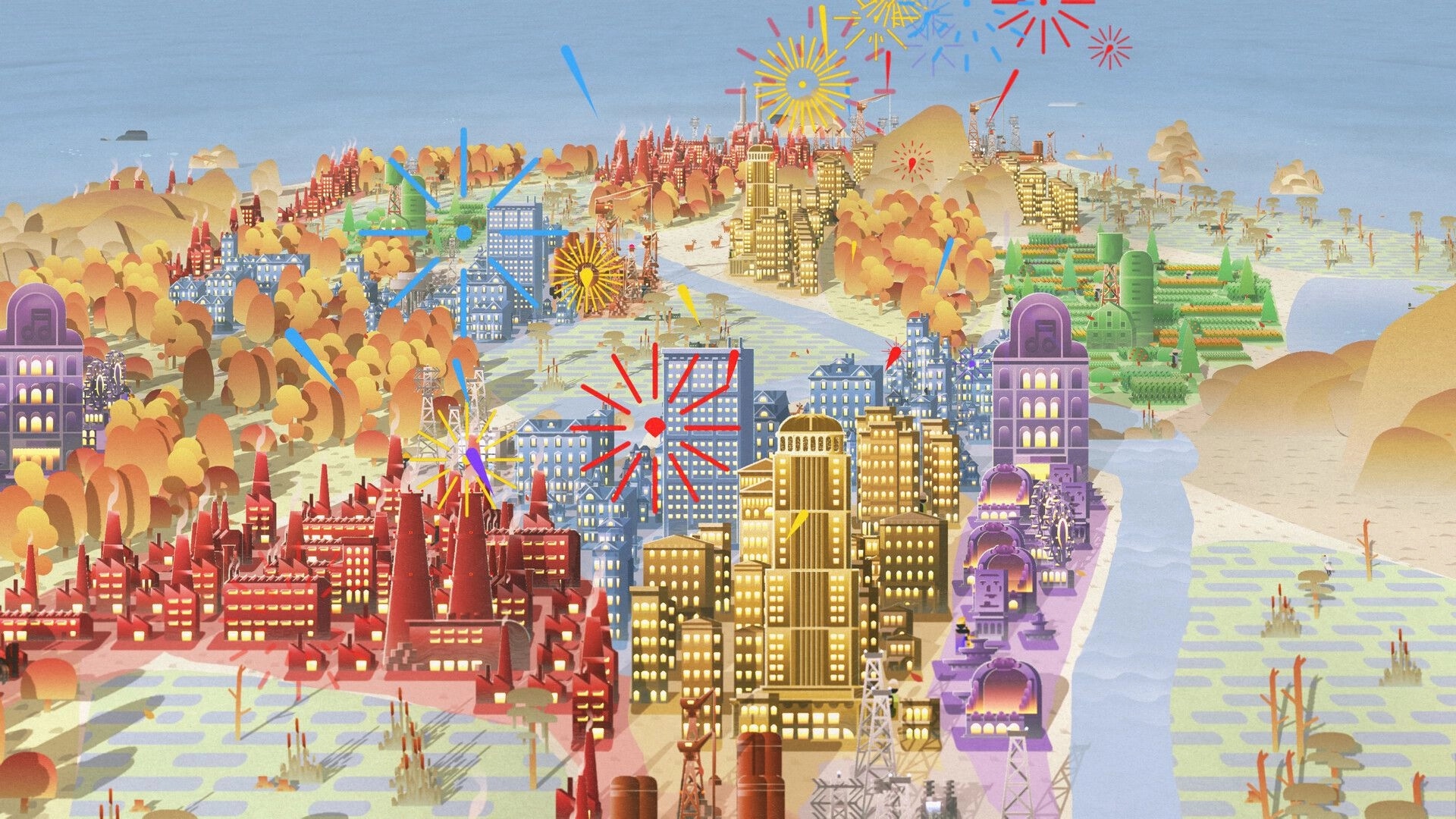 Palettopia: Colorful city districts with fireworks effects along a river beside farms and forests.