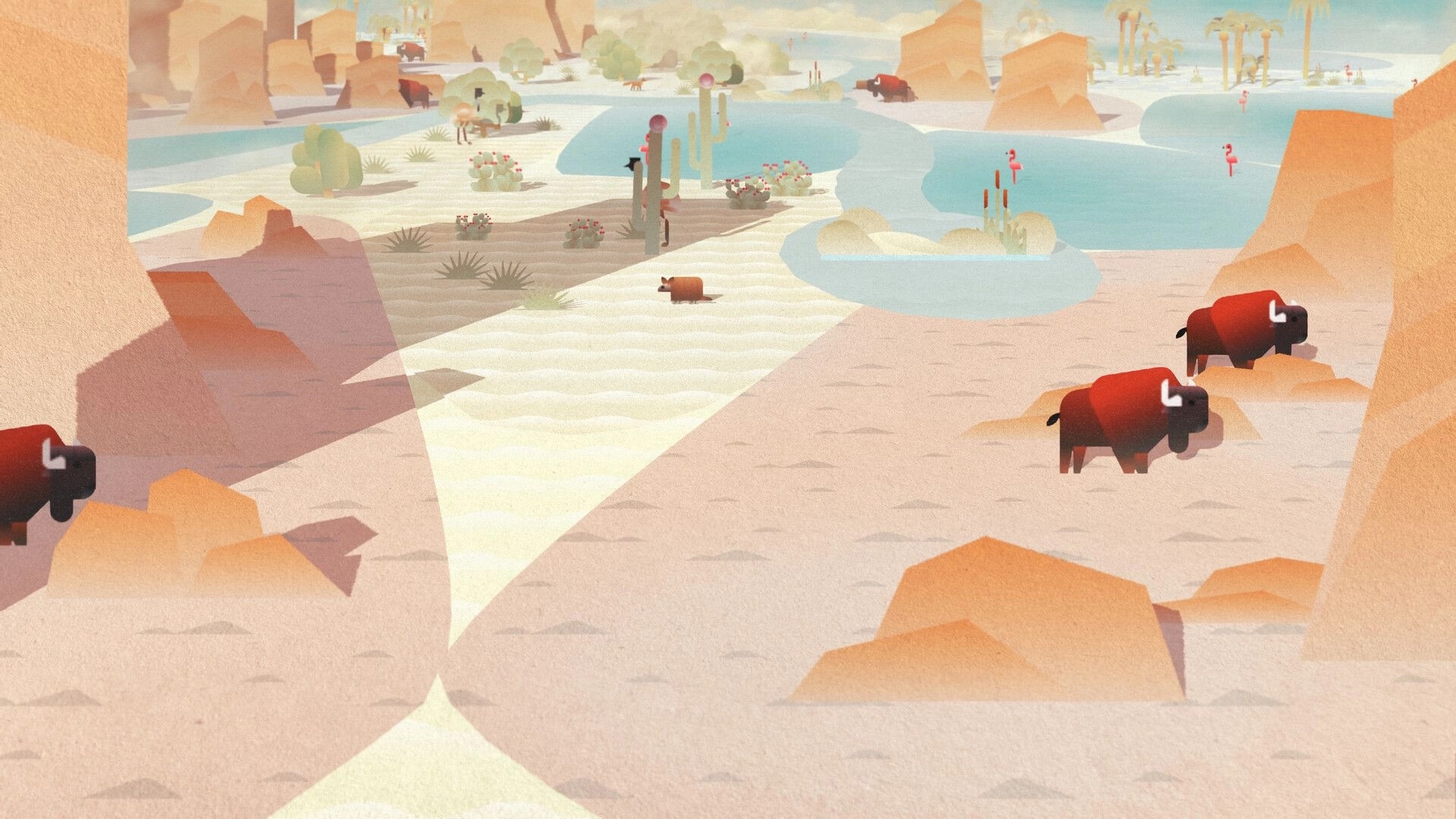 Palettopia: Wide desert island view with bison, cacti, and pink flamingos around blue lagoons.