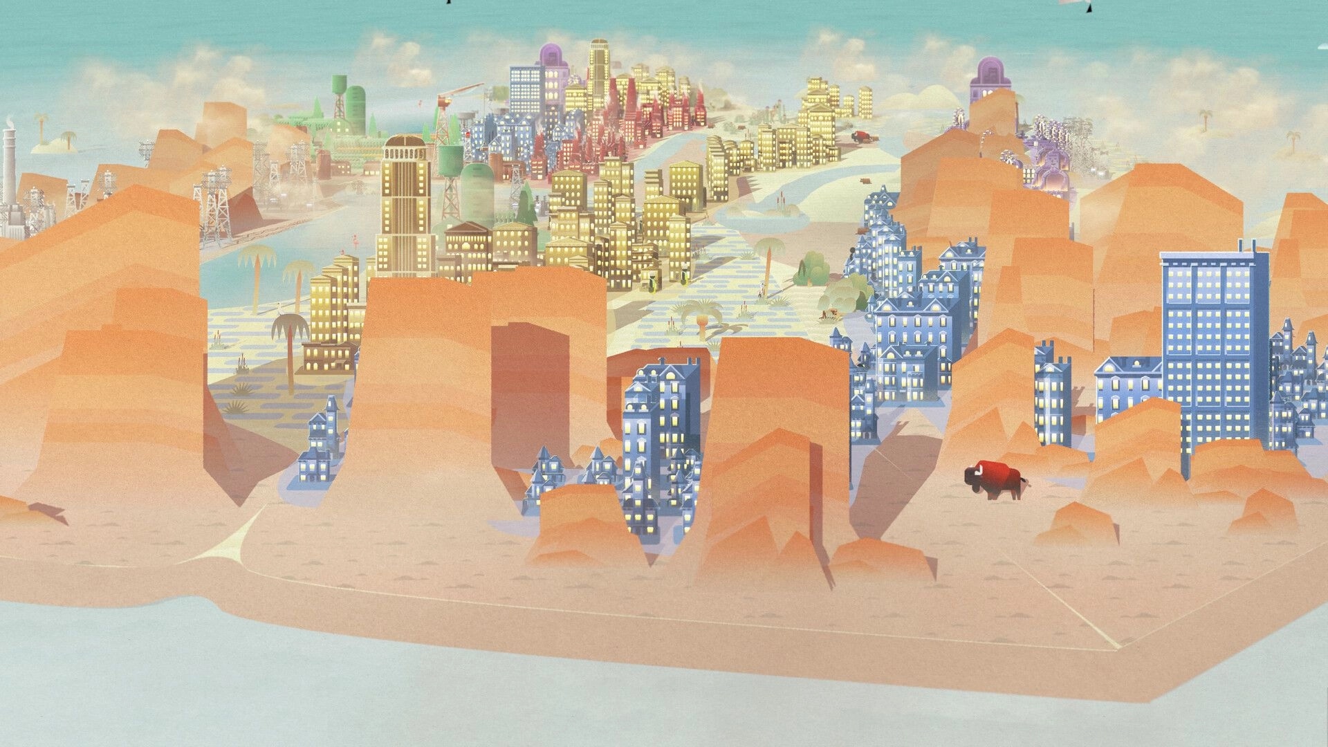 Palettopia: Expansive city blocks and towers across a desert canyon island with rivers and bridges.
