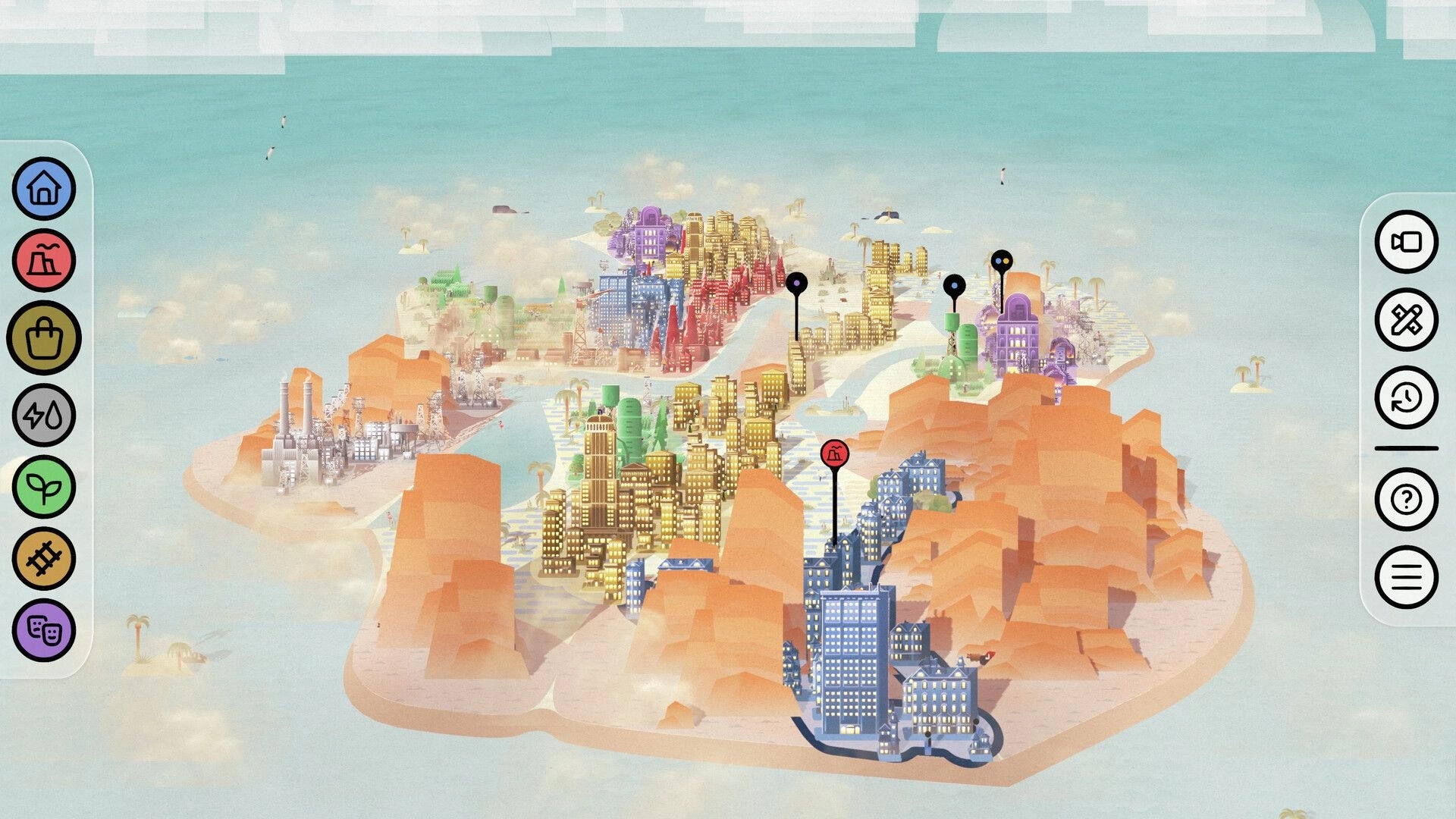 Palettopia: City map view with color-coded districts and tool icons on a desert island coastline.