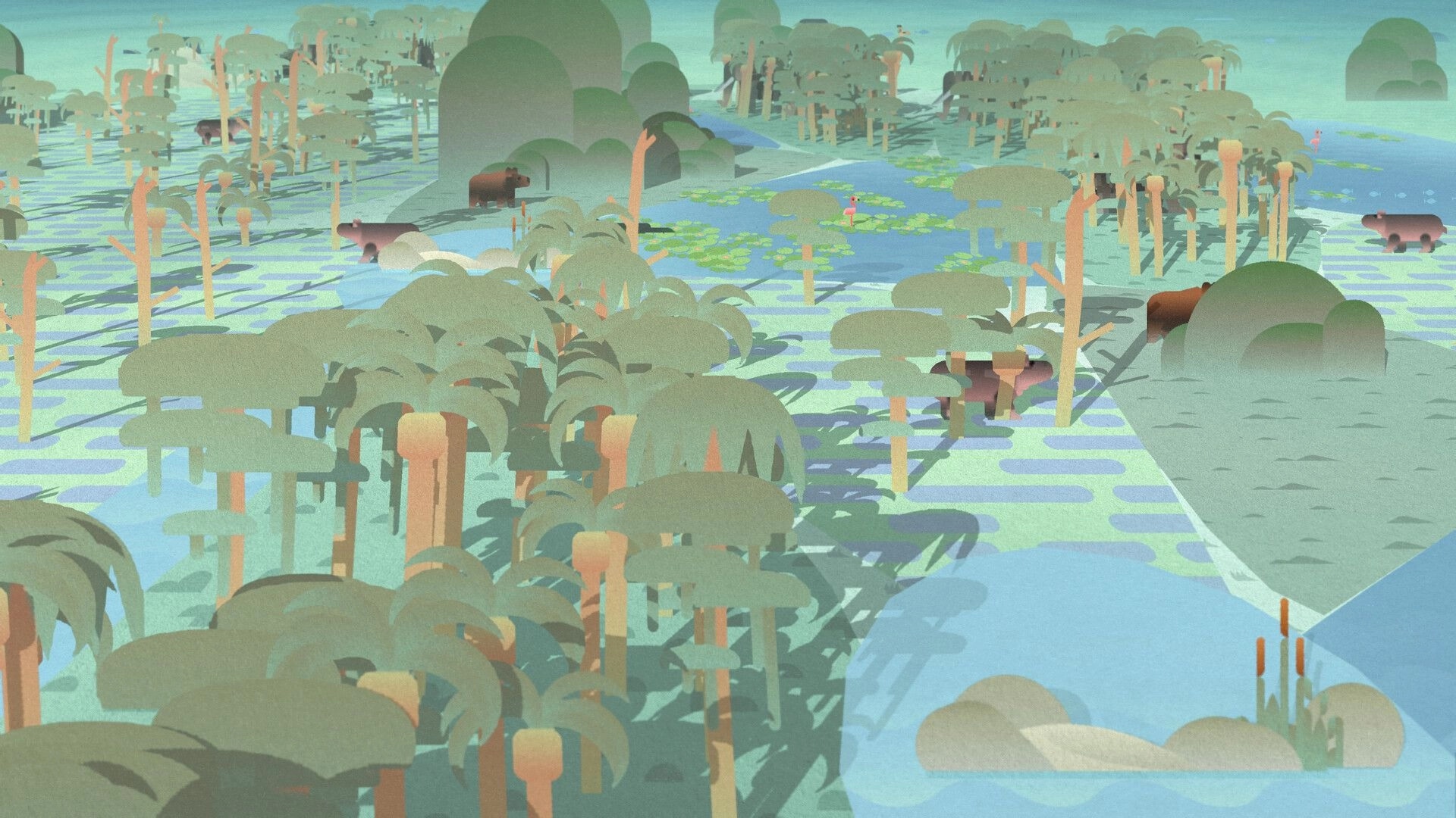 Palettopia: Wildlife roaming a pastel swamp with rivers, lily pads, and dense stylized trees.