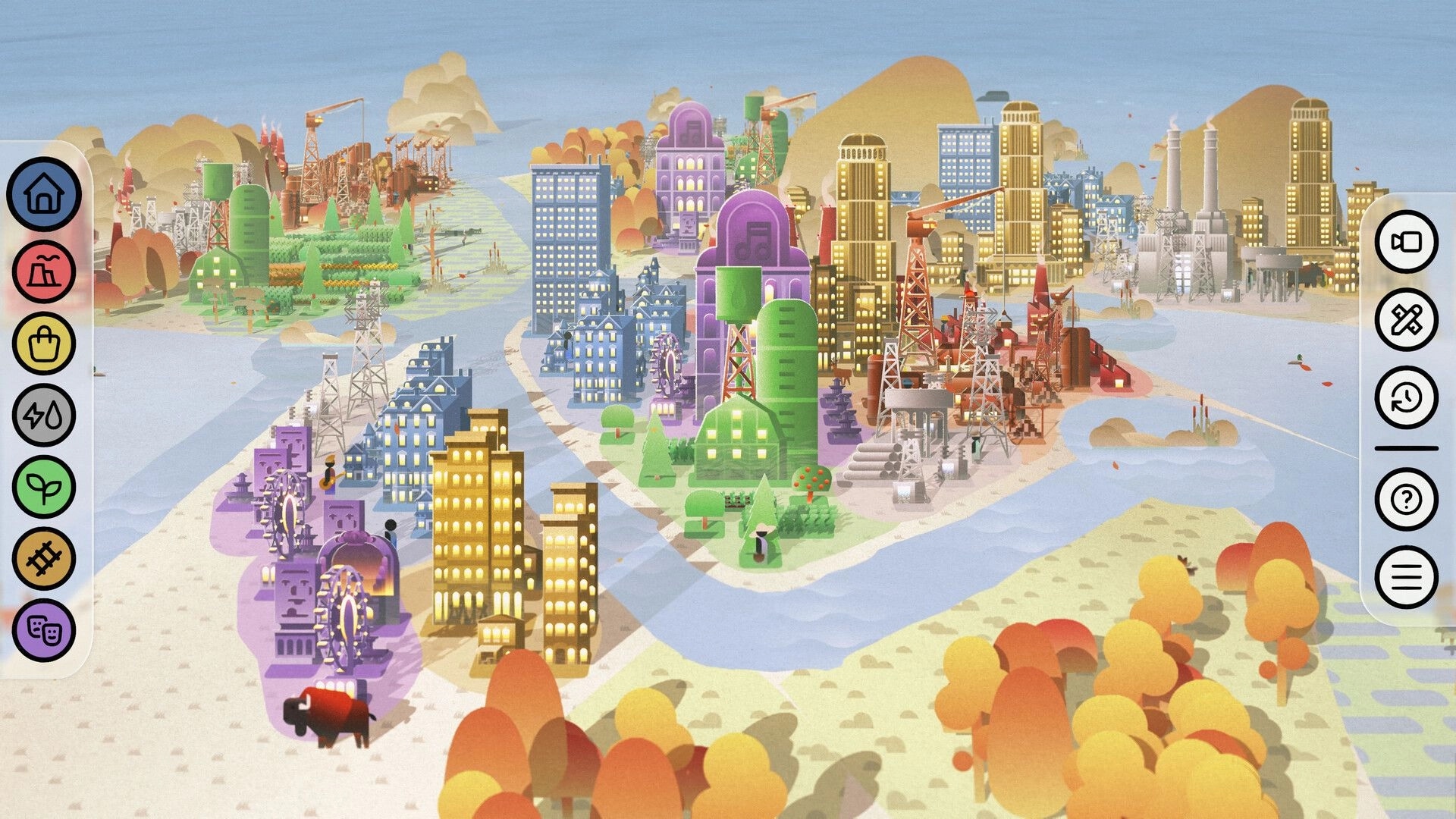 Palettopia: City overview with colorful districts and tool icons on a river island map with cranes.