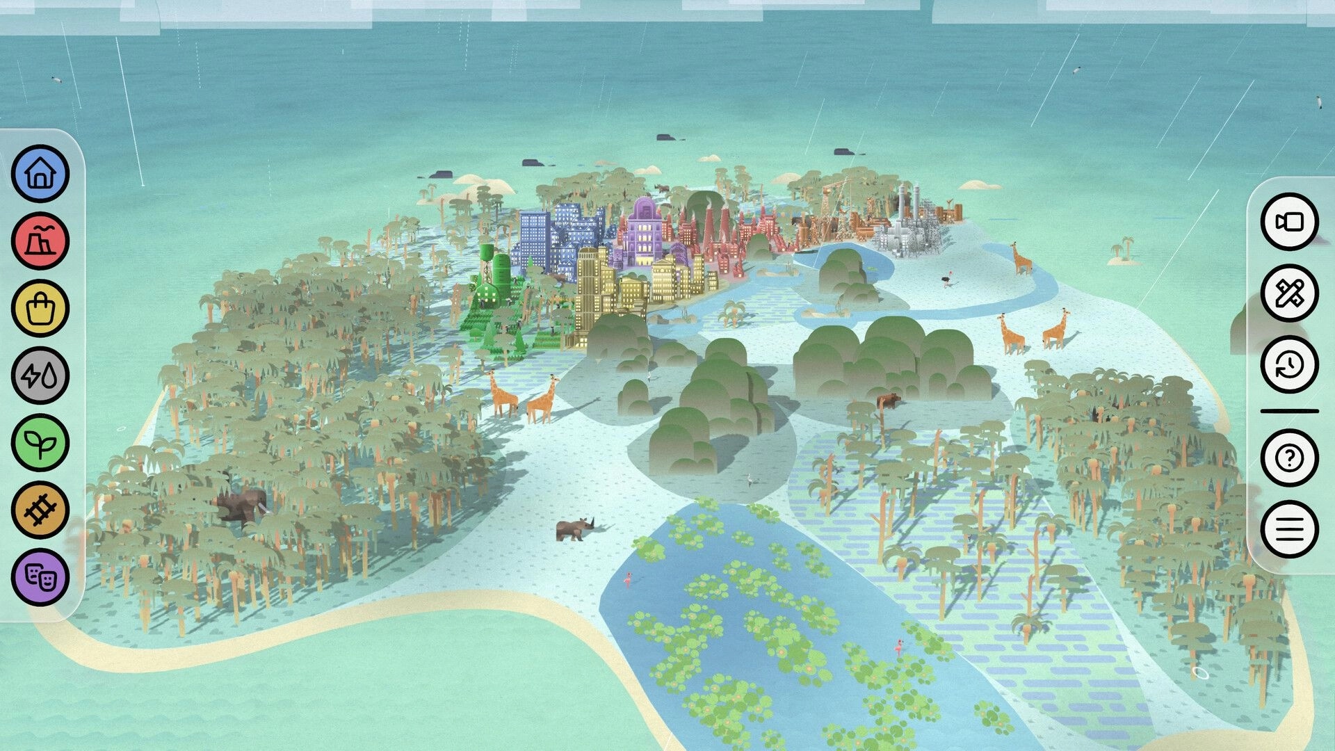 Palettopia: City district overview with colored buildings and tool icons on a rainy forested island map.