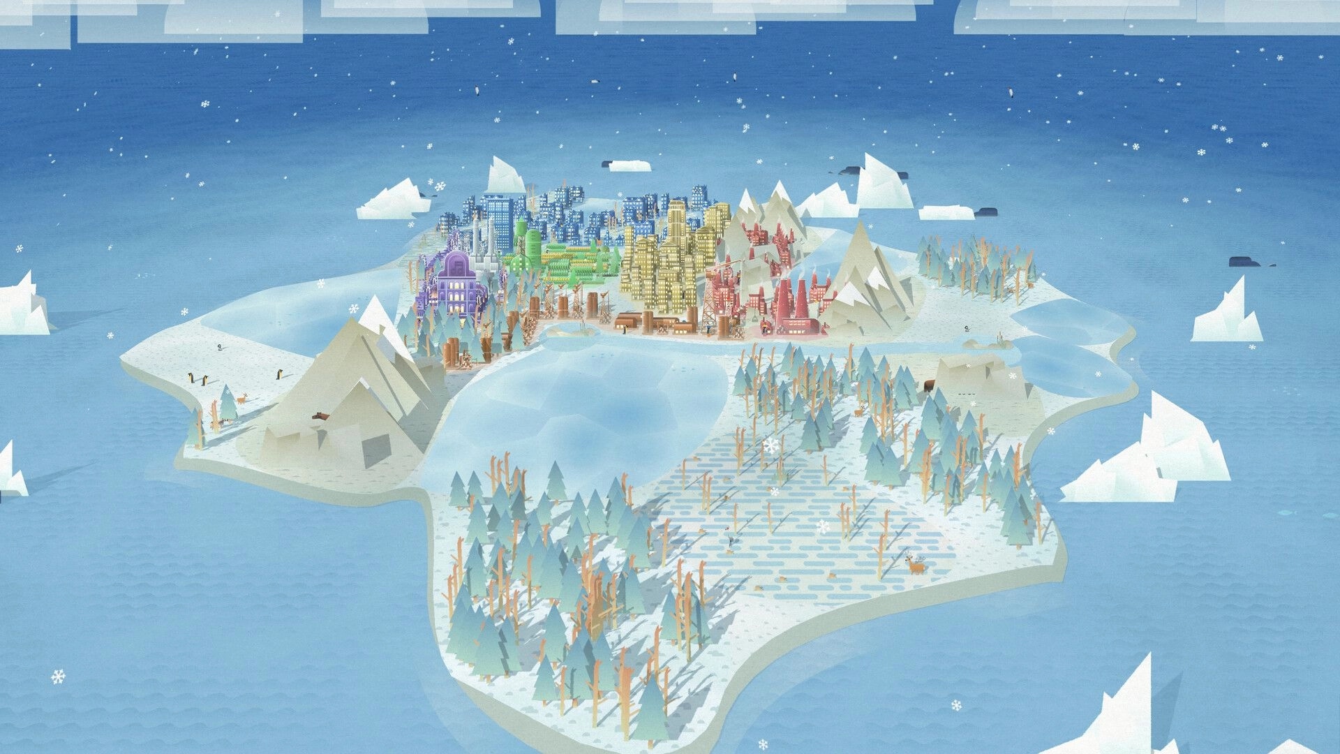 Palettopia: Colorful city districts on a snowy island with mountains, forests, and frozen lakes.