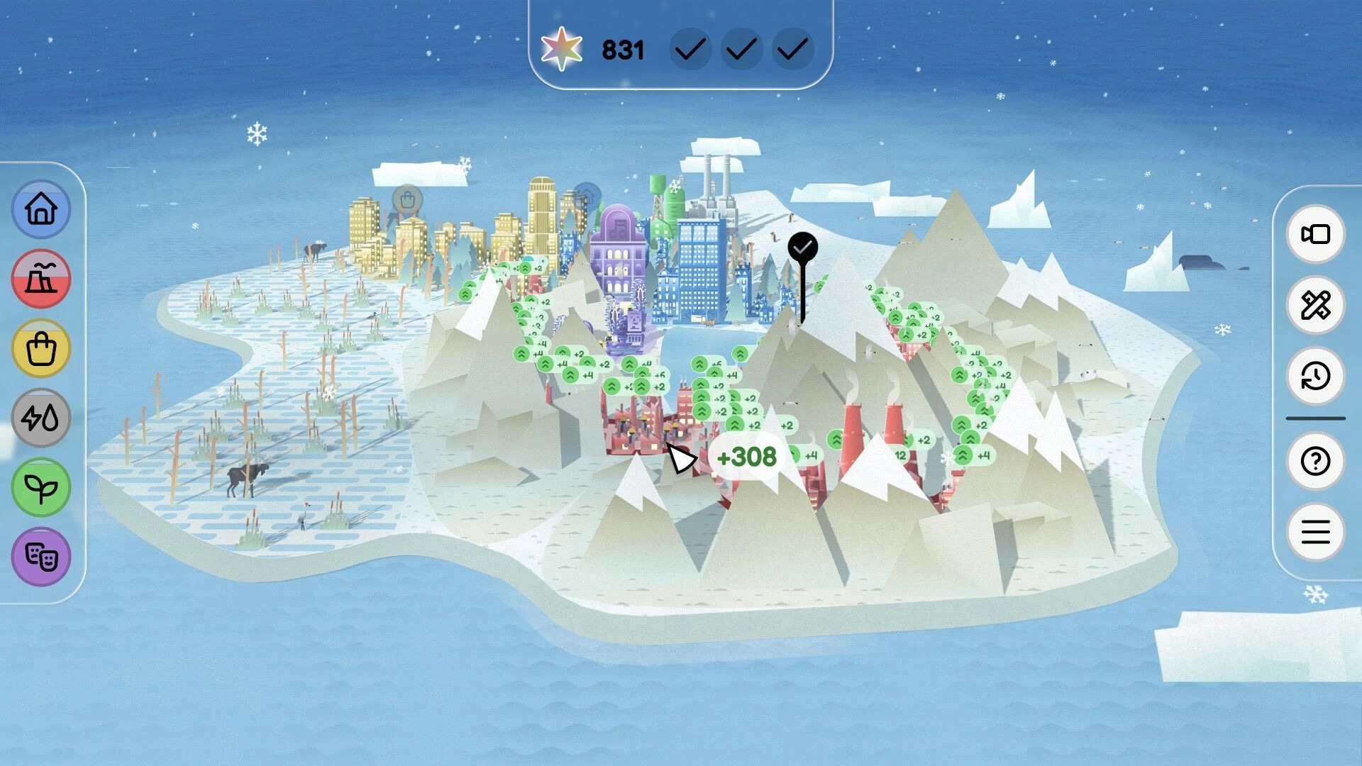 Palettopia: Building snowy island city with score popups and tool icons around mountains and coast.