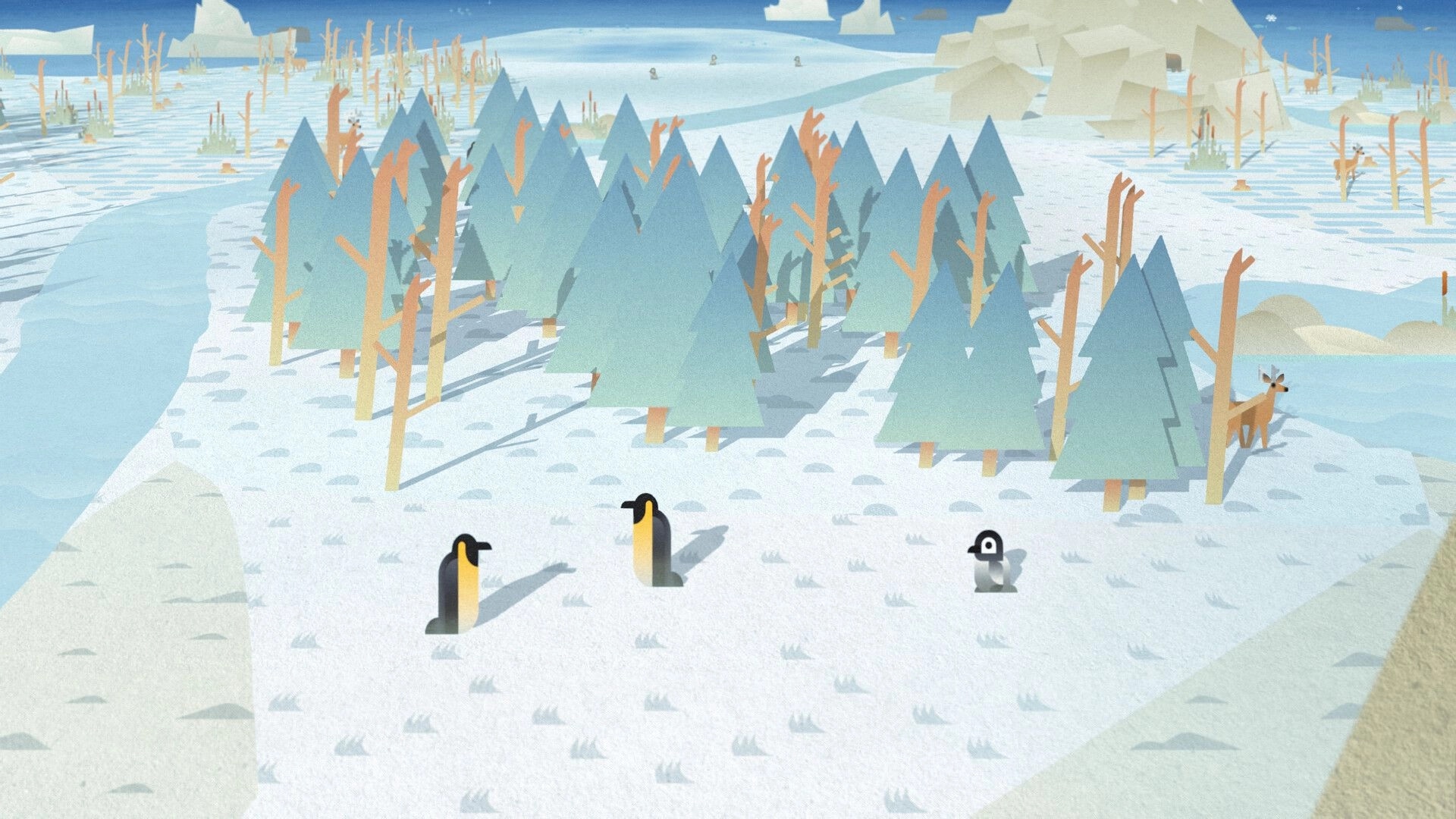 Palettopia: Penguins and a deer stand by pine trees on a snowy island with icy river bends.