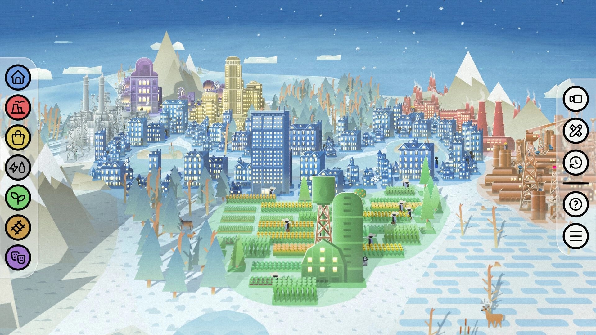 Palettopia: City overview with farms and blue apartments beside snowy mountains, build tools on sides.
