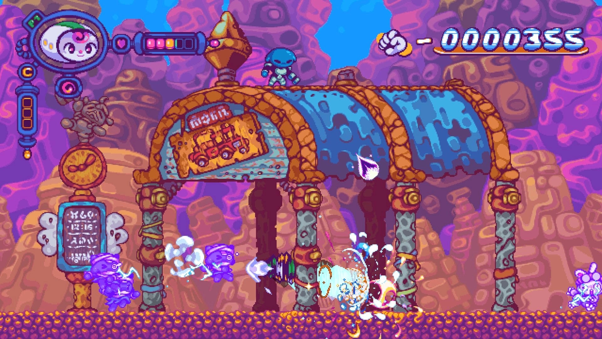 Paloo Spiral: Combat sequence with two characters under a colorful arch in a vibrant rocky landscape