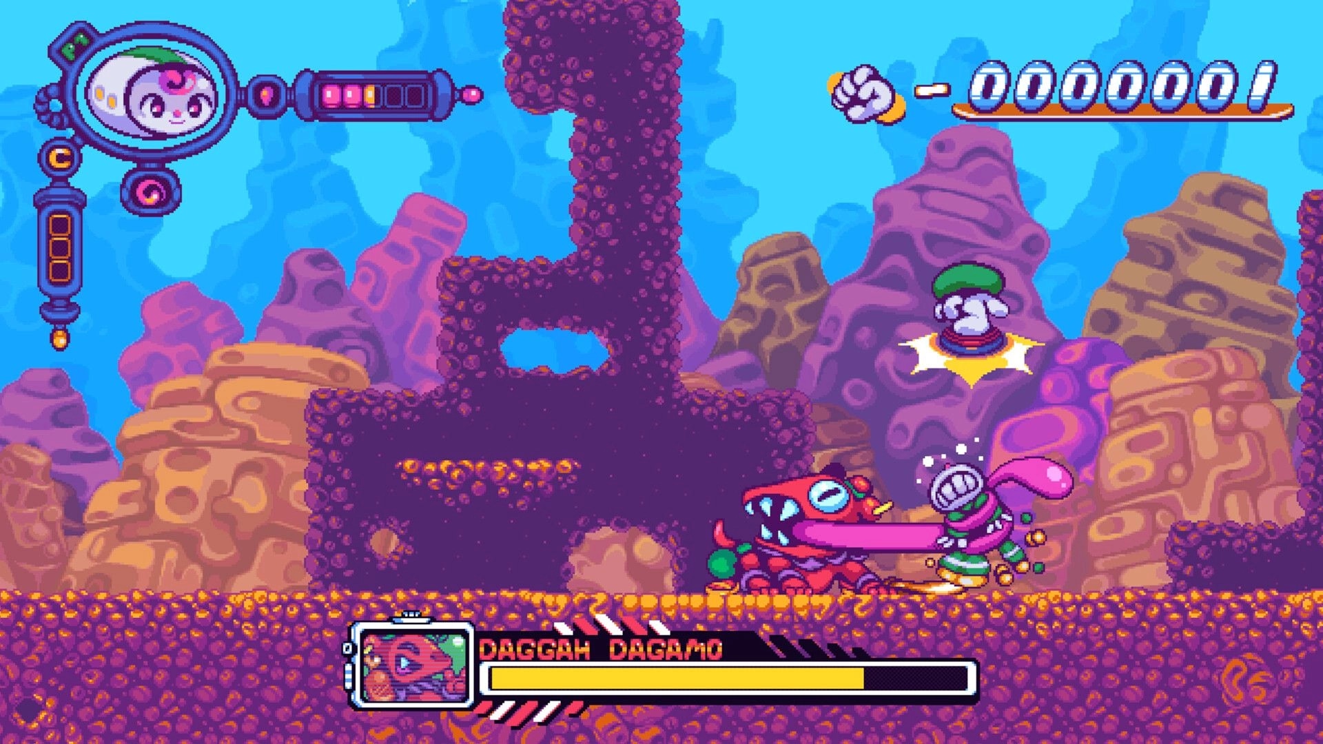Paloo Spiral: Combat with Daggah Dagamo in a colorful, rocky platforming environment with UI elements.
