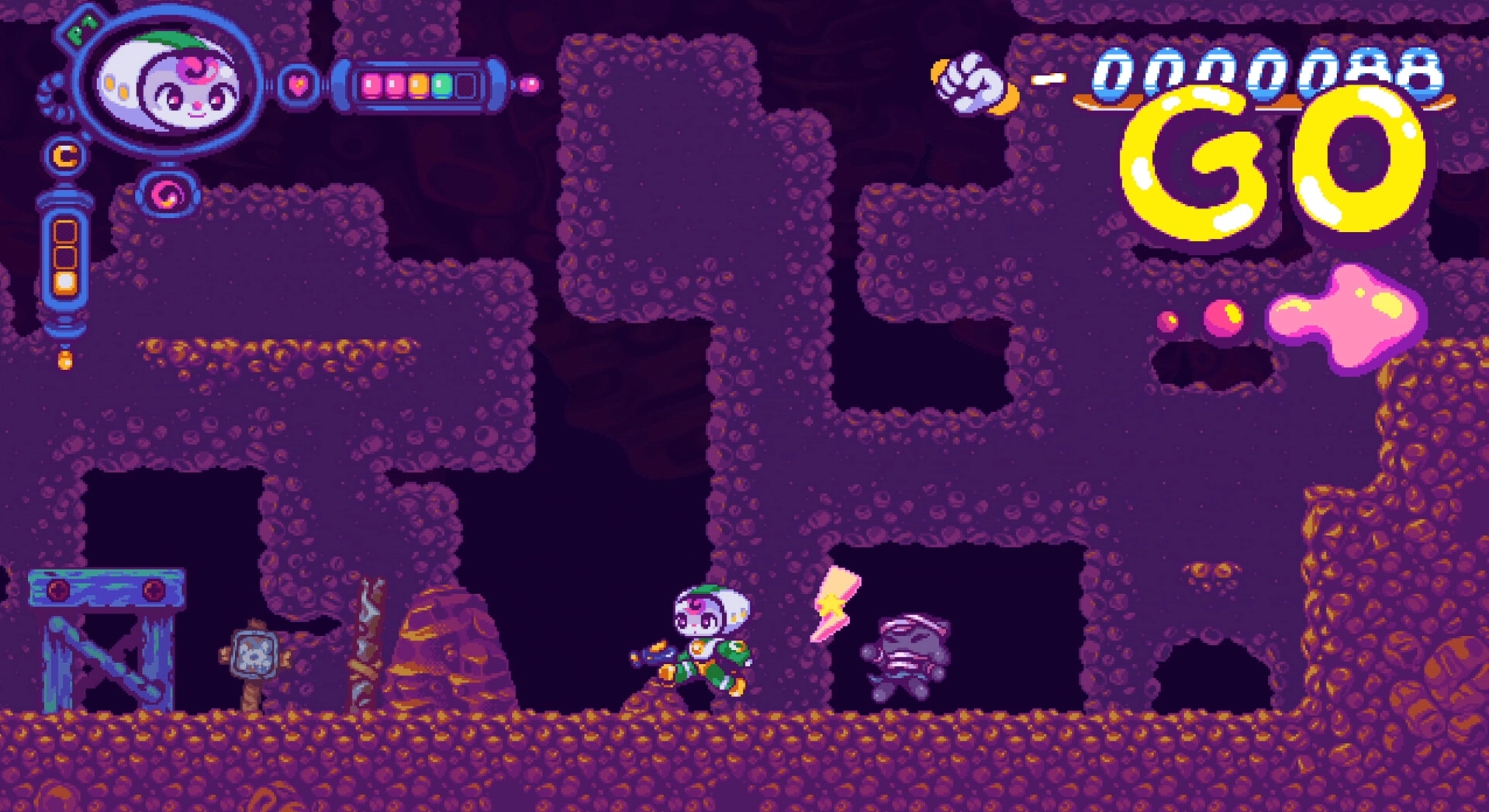 Paloo Spiral: Character running in a purple cave setting with UI health bar and combo meter visible.