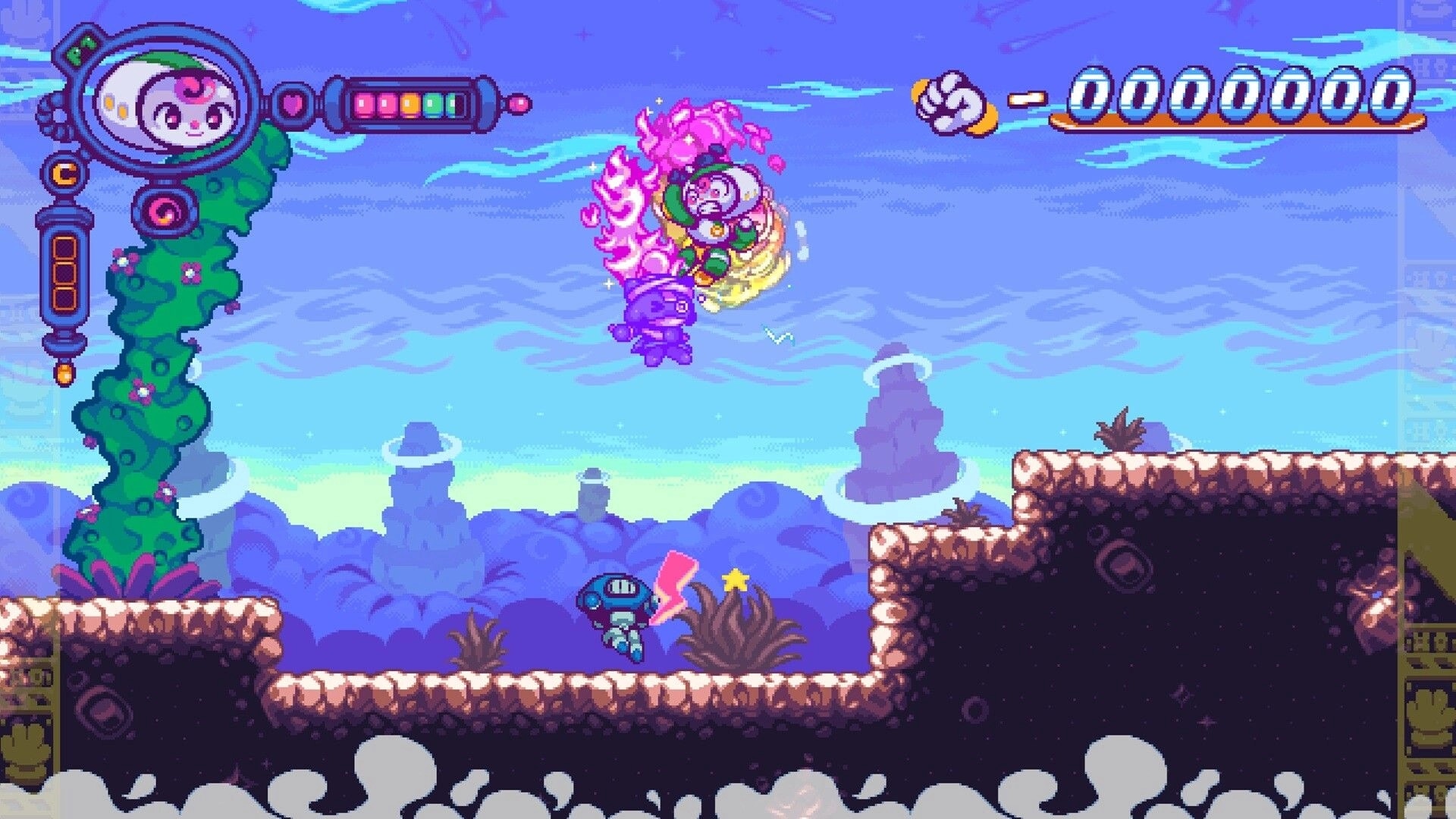 Paloo Spiral: Character performs a powerful attack in a vibrant, alien landscape with UI elements visible