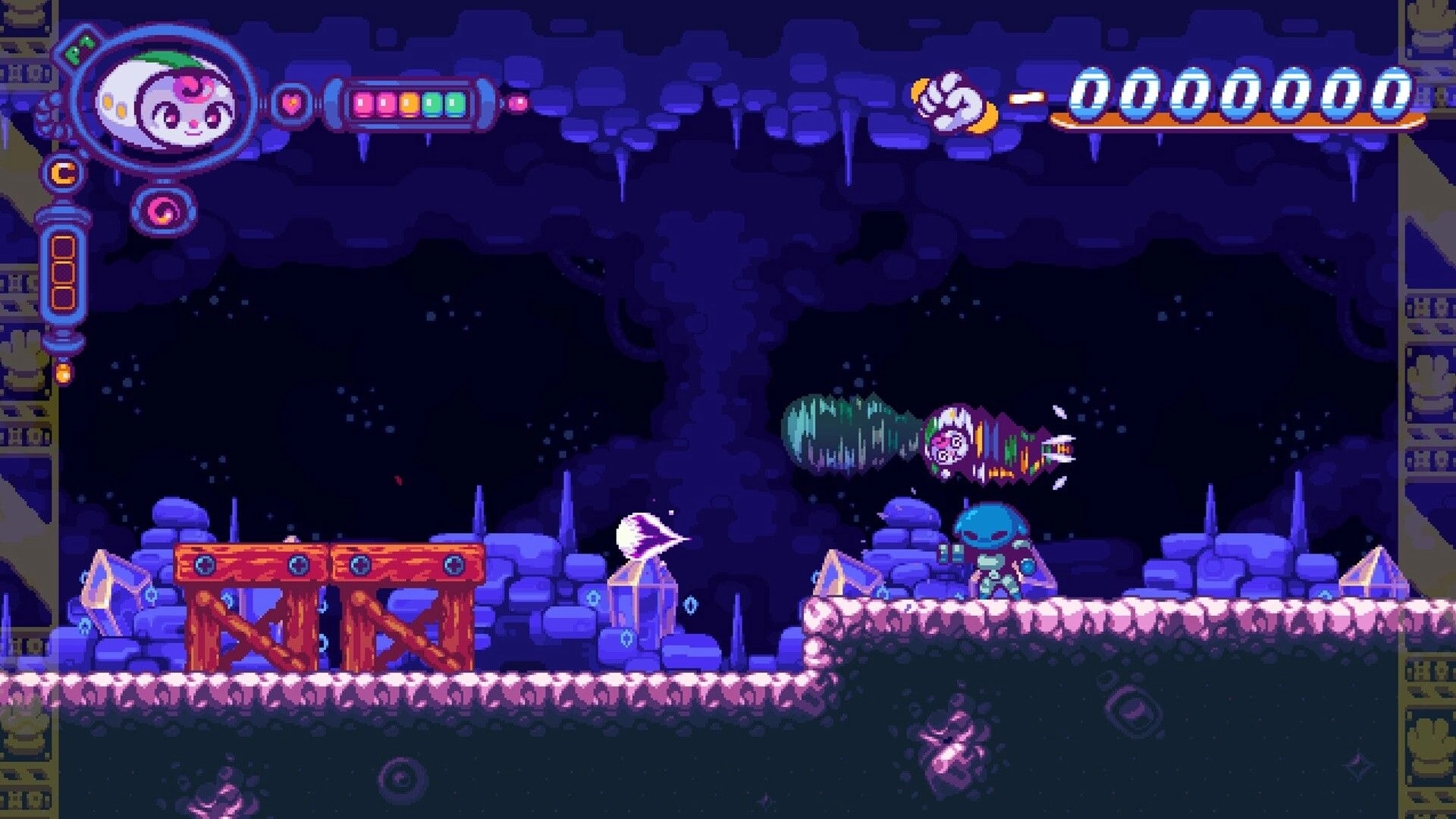 Paloo Spiral: Hero attacks alien enemy in a dark cave with health and combo meters on screen.