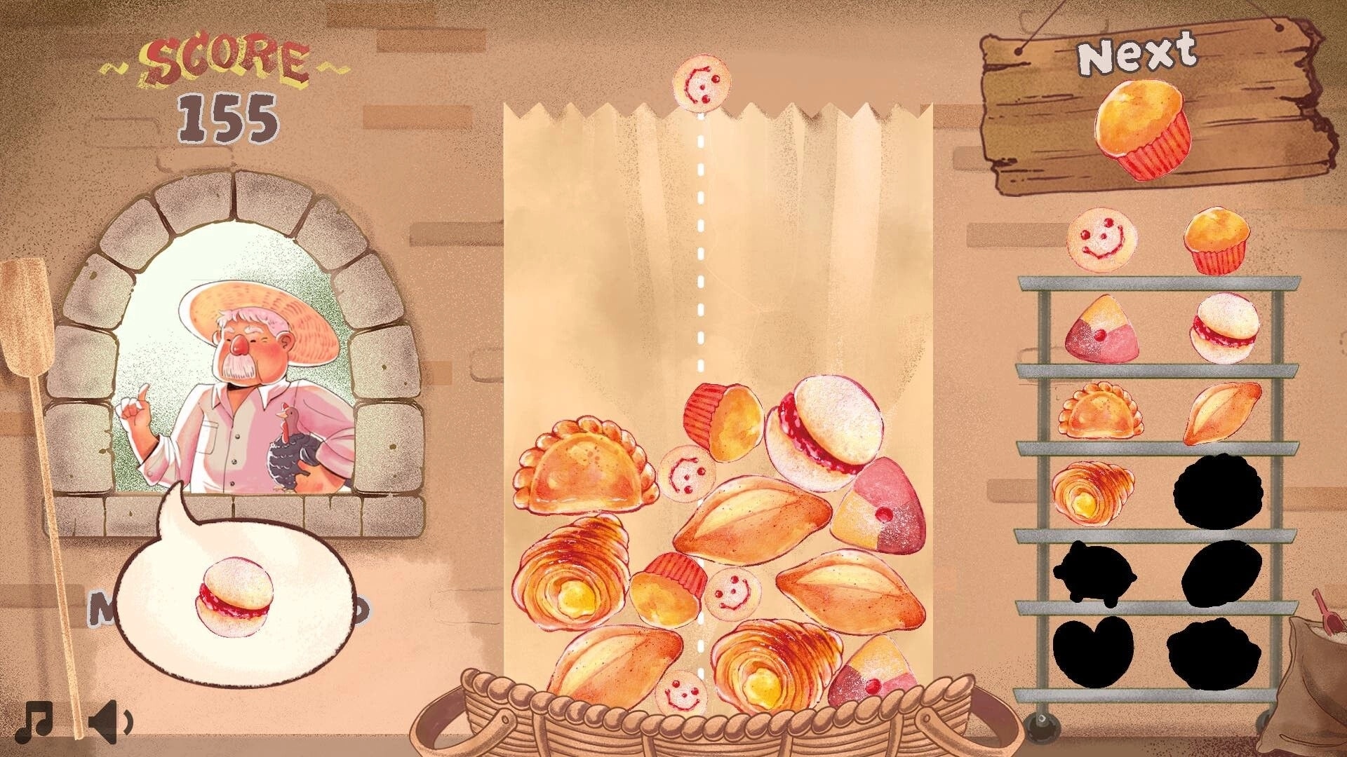 PancitoMerge: Dropping sweet pan dulce into a basket with score counter and baker in the background.