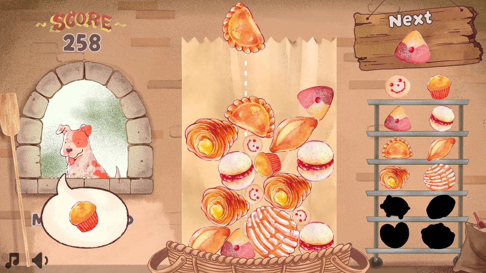 PancitoMerge: Stacking pastries in a cozy bakery with score display and a dog by the window