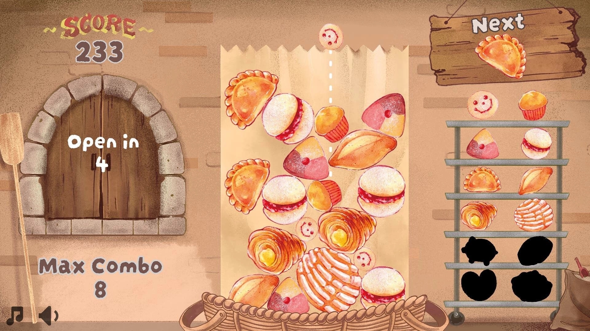 PancitoMerge: Stacking pan dulce with score display and combo counter in a cozy bakery setting
