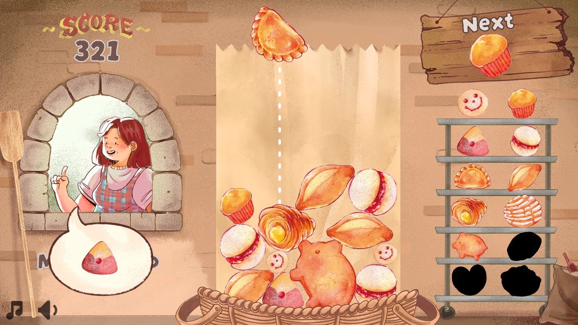 PancitoMerge: Dropping empanada onto stacked pastries with score and character window on the left