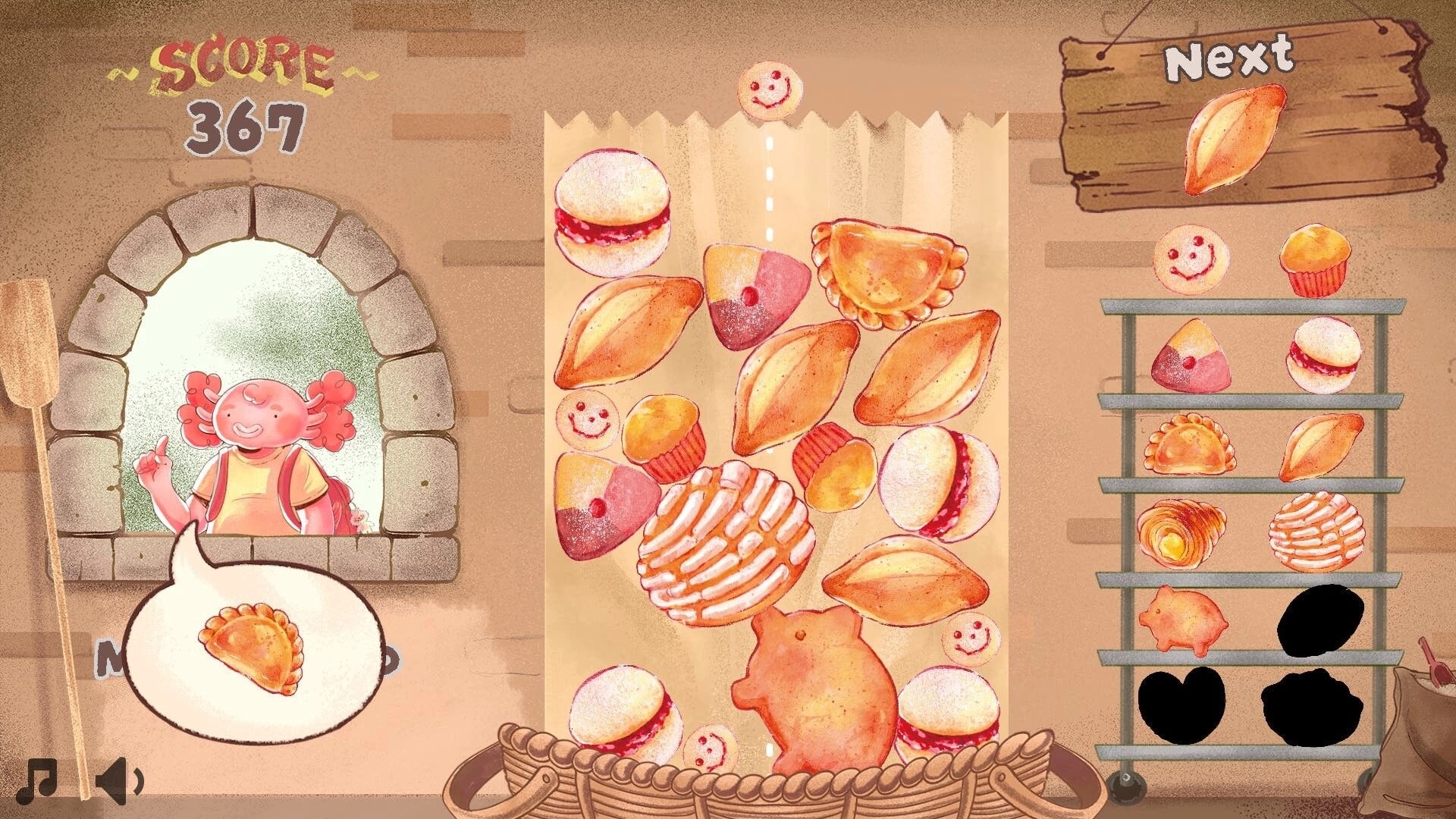 PancitoMerge: Dropping pastries with smiling character by oven and bakery shelf in cozy kitchen setting