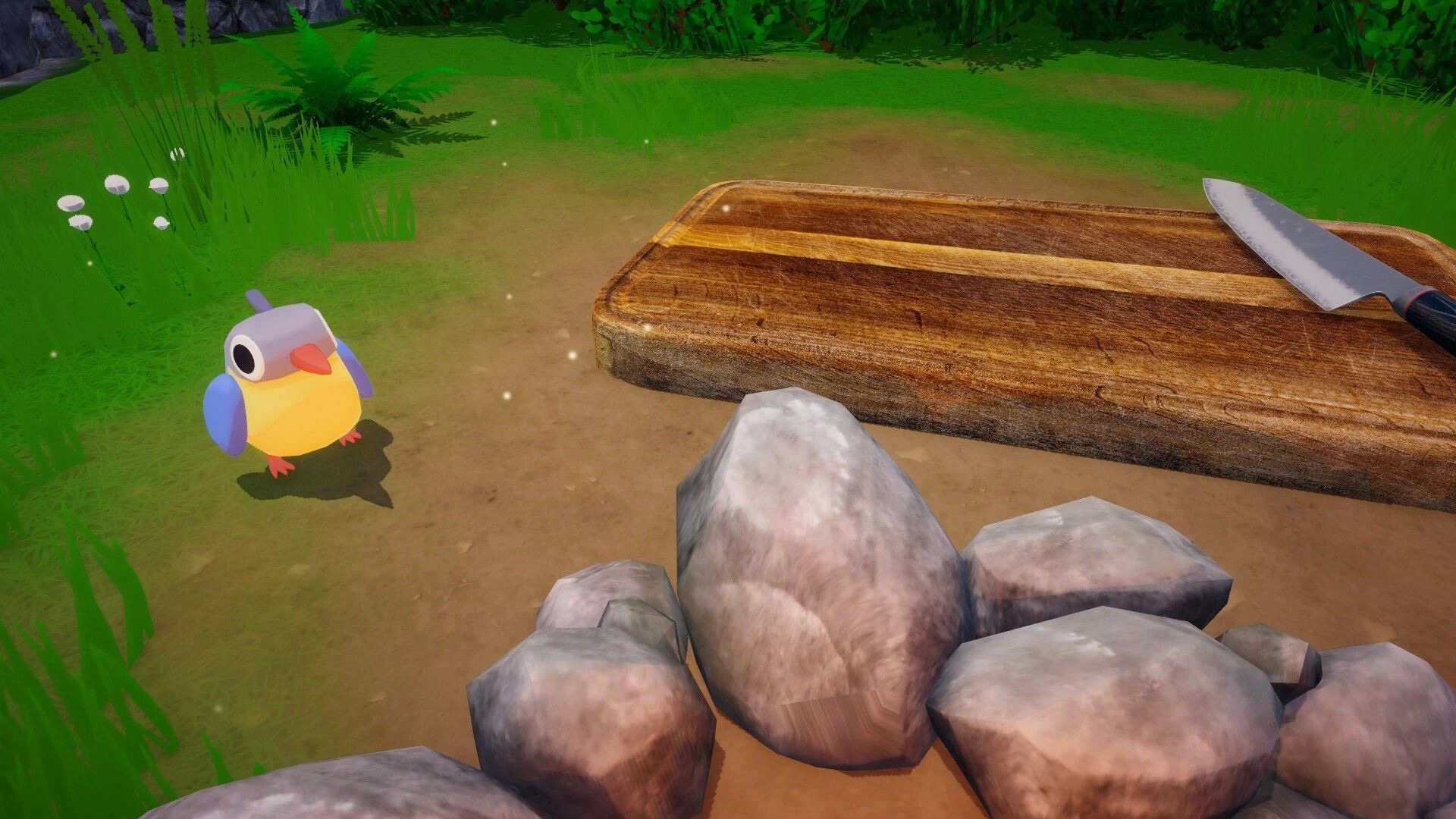 PANdemonium: Colorful bird near chopping board and knife in grassy campfire area.