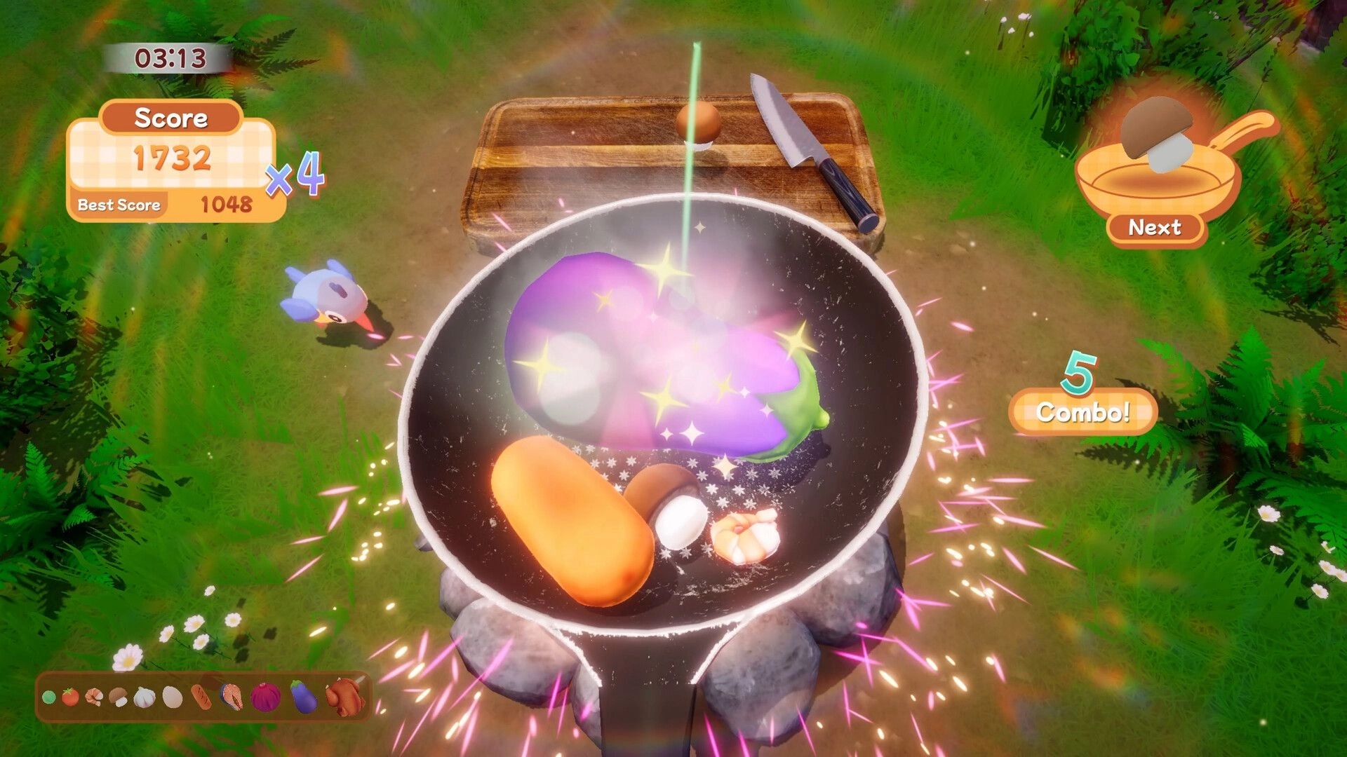 PANdemonium: Ingredients merge in sizzling pan over campfire, with cute bird watching nearby
