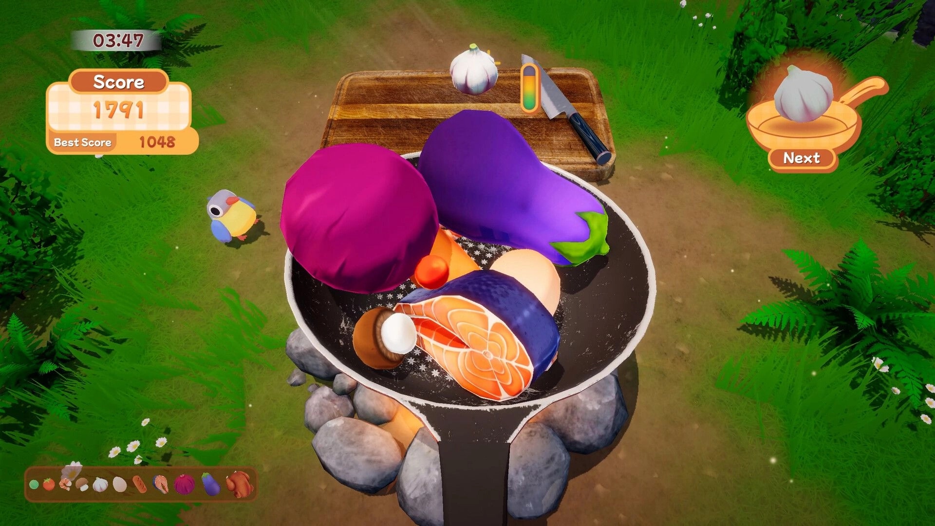 PANdemonium: Merge ingredients in sizzling pan by campfire with score displayed and bird nearby