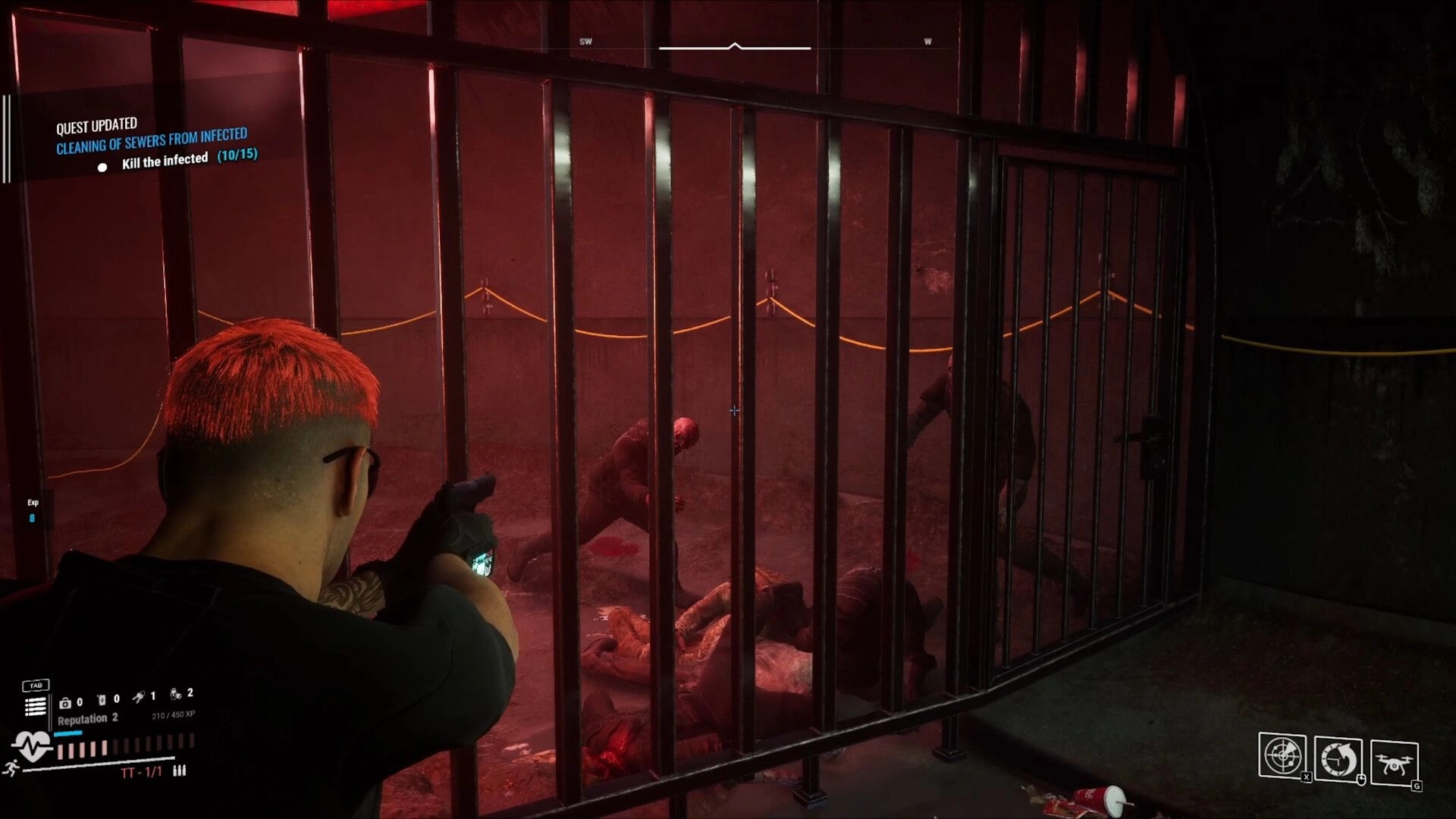 PANGIT: Agent aiming a gun at infected in a red-lit sewer, quest objectives and HUD elements displayed