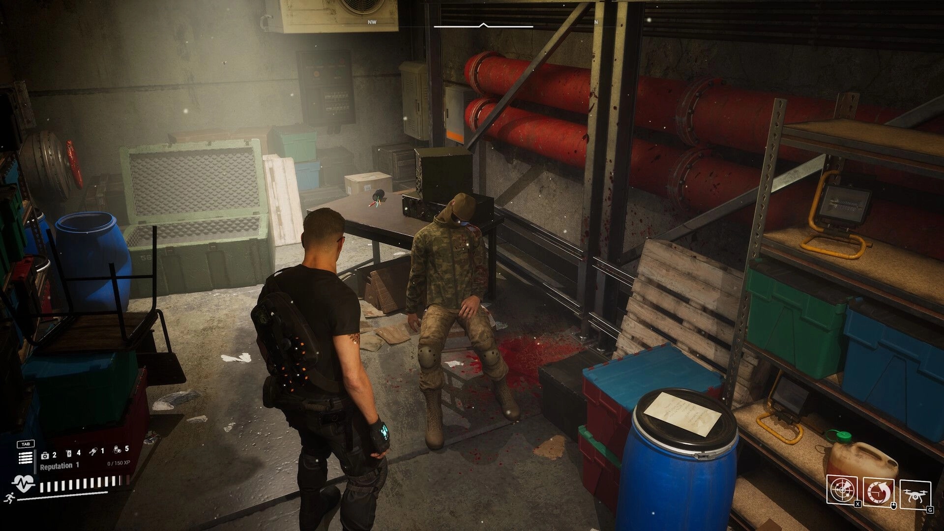 PANGIT: Agent investigates a room with a fallen soldier, surrounded by storage boxes and red pipes.