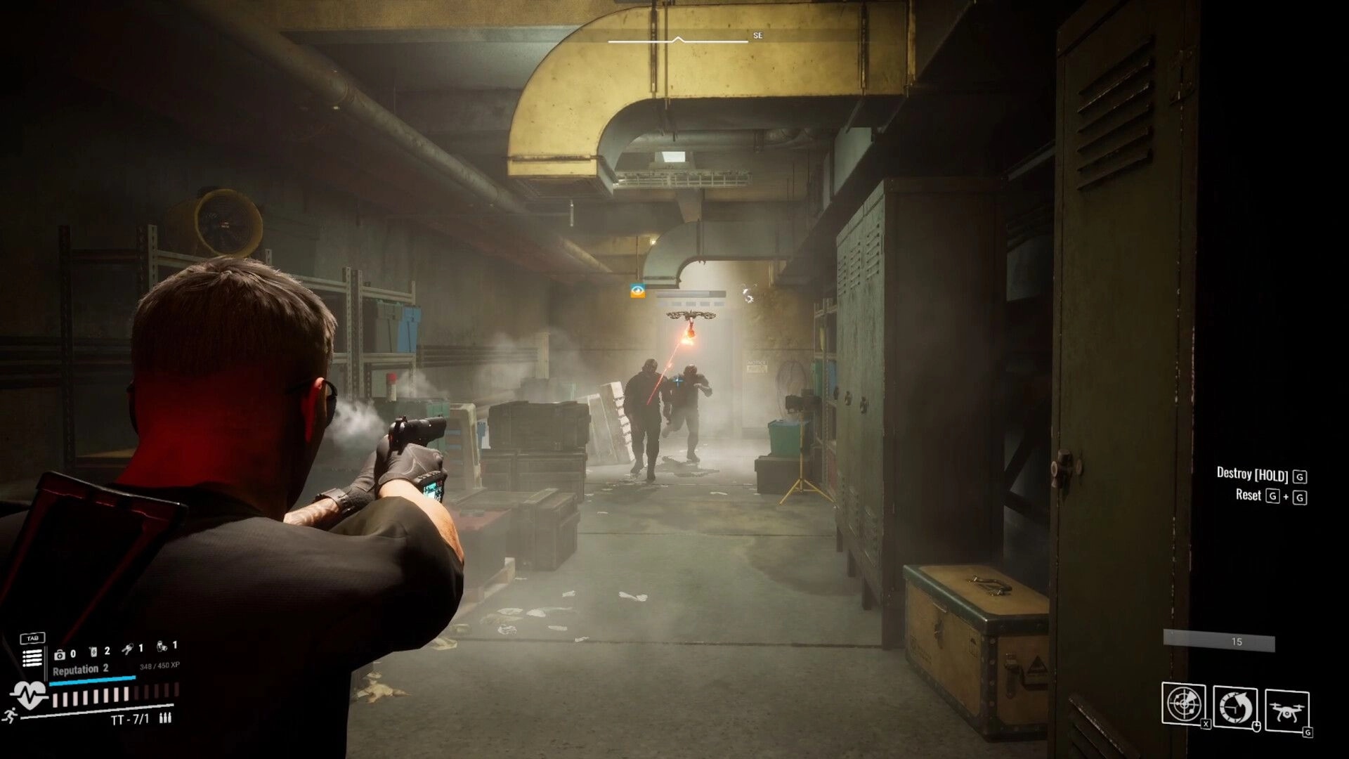 PANGIT: Player aims weapon at enemies in dimly lit corridor with lockers and industrial pipes