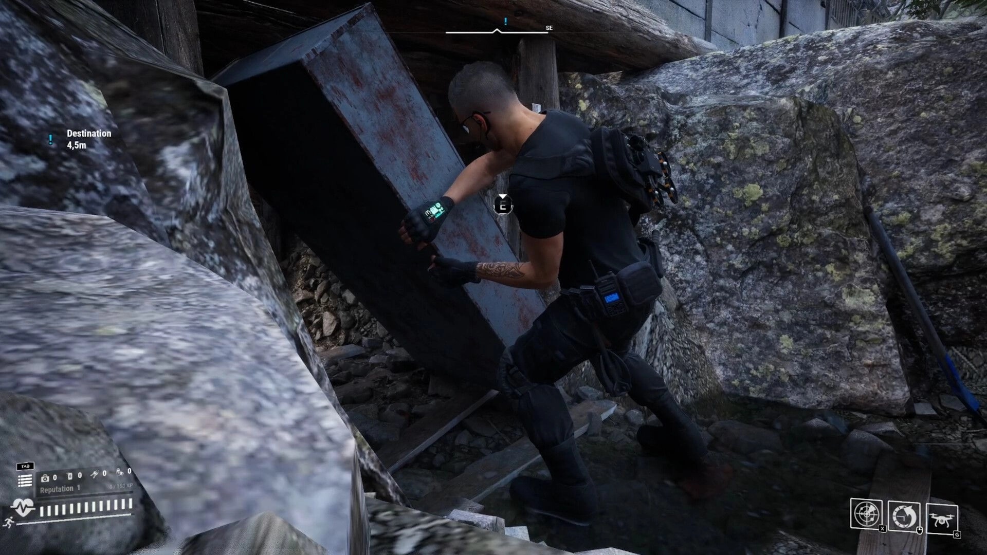PANGIT: Agent pushes metal object in rocky terrain with UI displaying destination and health status.