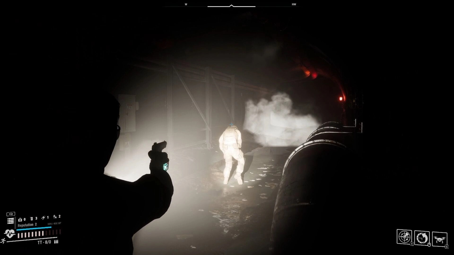 PANGIT: Agent aims at mutated enemy in dark tunnel with UI showing health and ammo in restricted zone.