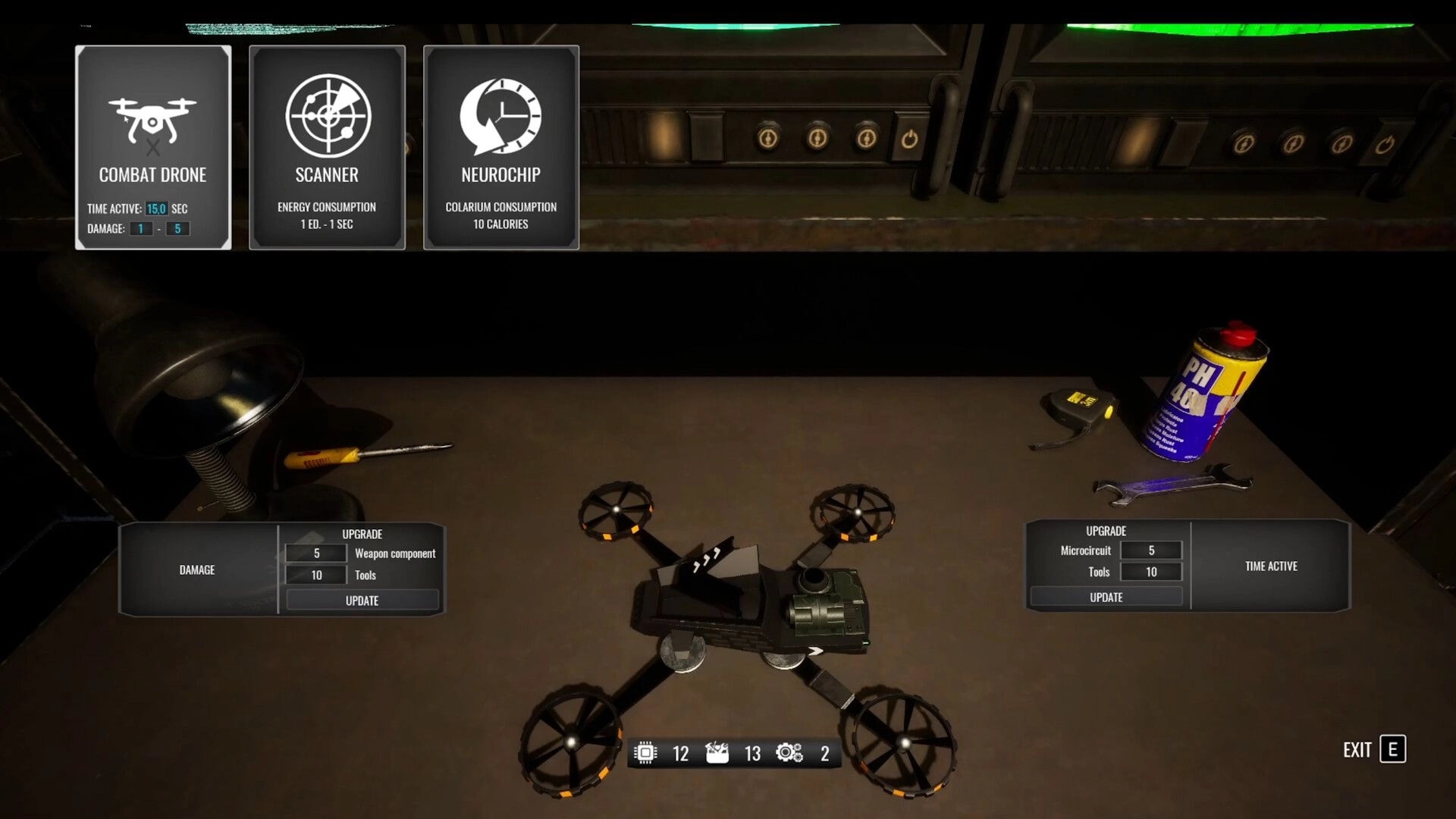 PANGIT: Combat drone upgrade interface with tools and components on a workbench in a dimly lit room.